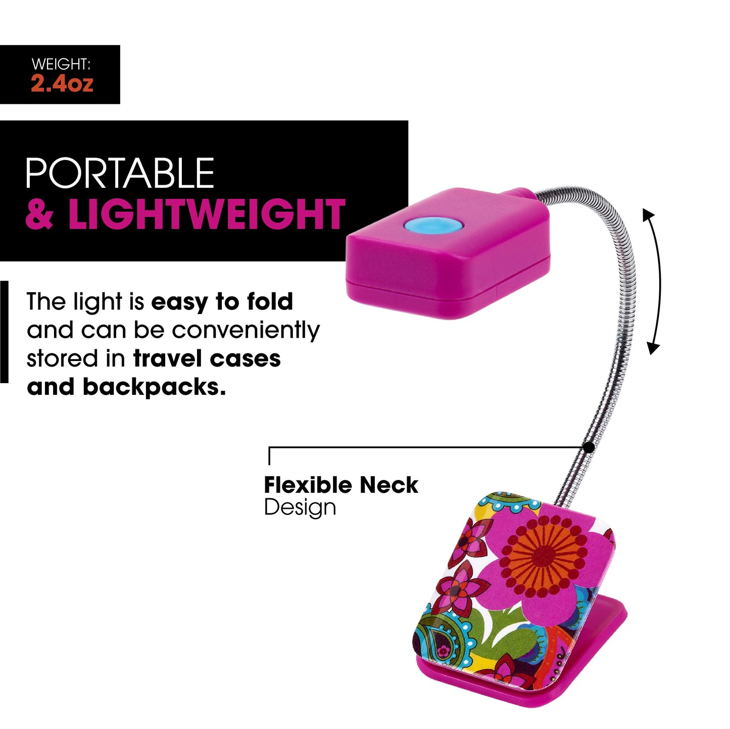 WITHit French Bull Clip On Book Light - Pink Raj - Square LED Reading Light for Books and eBooks, Reduced Glare, Portable and Lightweight, Cute