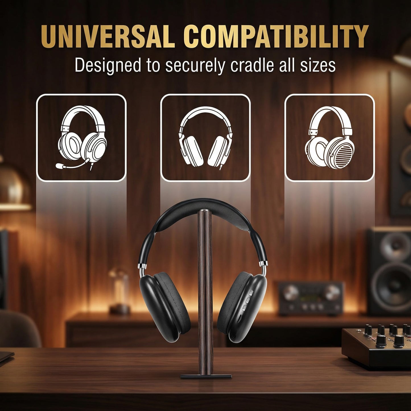 Gunking Premium Headphone Stand for Desk- Walnut Finish - Anti-Slip Carbon Steel Base for Gaming & Studio Headsets