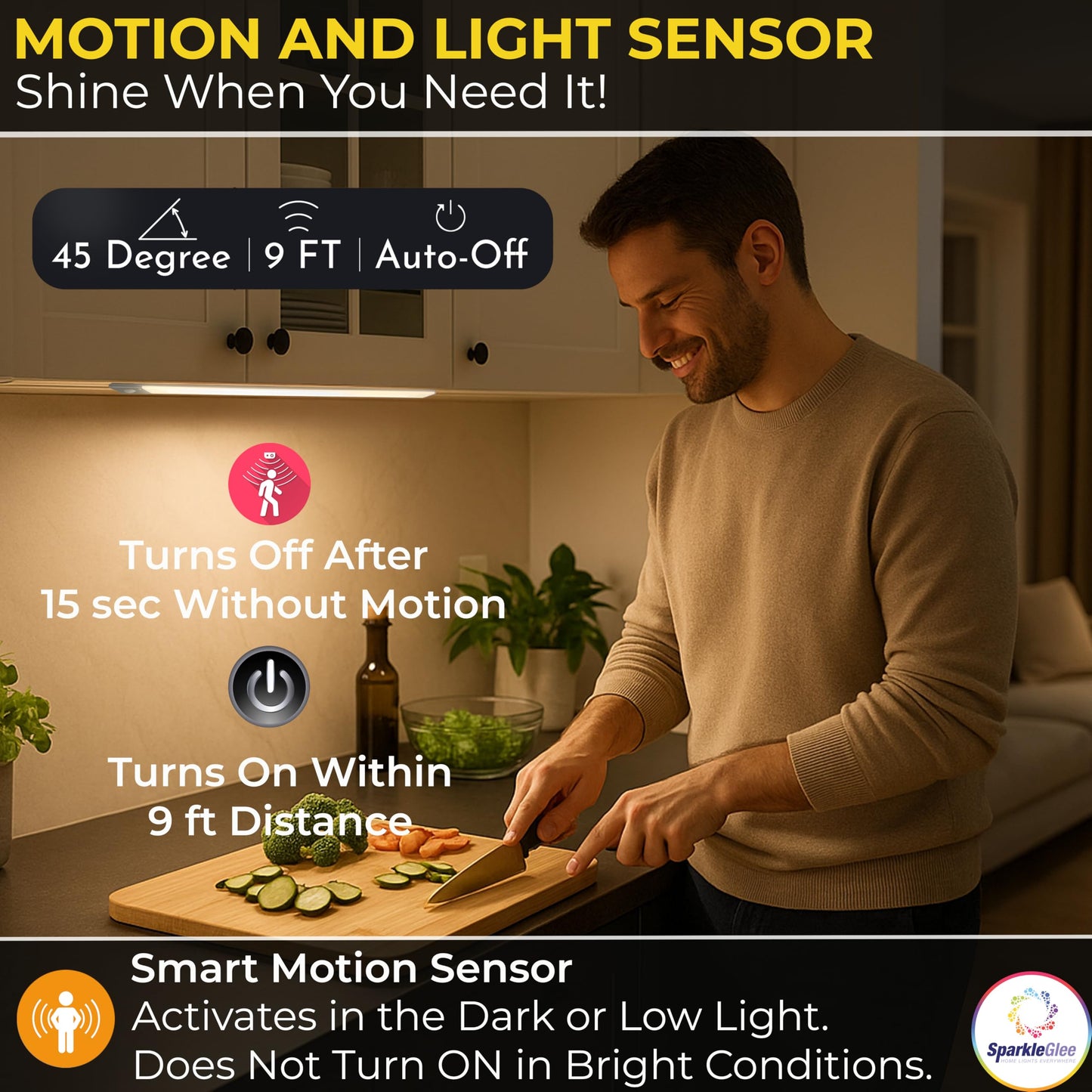 SparkleGlee 15" Rechargeable Under Cabinet Lighting 2 Pack - Motion Sensor, Dimmable LED, 3 Color Temps, 2200mAh Battery, Magnetic Mount Lights