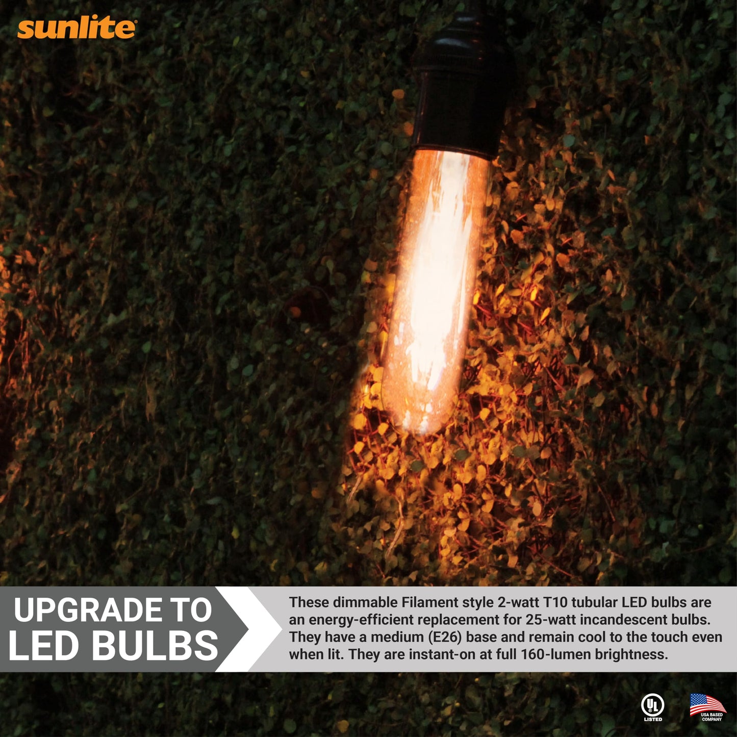 Sunlite LED Filament T10 Tubular Light Bulb, 2 Watts (25W Equivalent), 160 Lumens, Medium E26 Base, 120 Volts, Dimmable, 90 CRI, UL Listed, Clear
