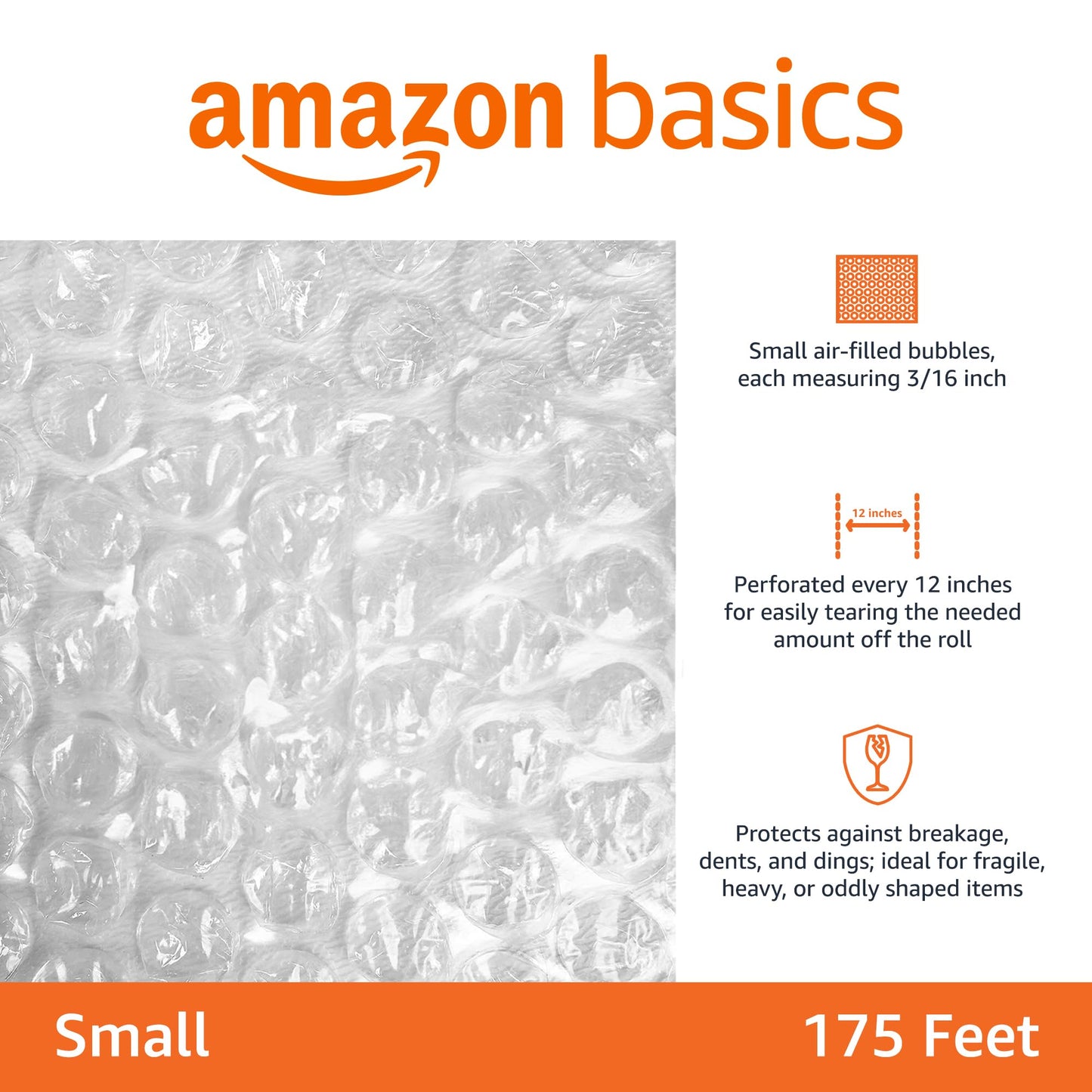 Amazon Basics Bubble Wrap for Moving, Packing, Shipping and Storage, Perforated Protective Cushioning for Fragile Items, 12-inch x 175-ft Long Roll