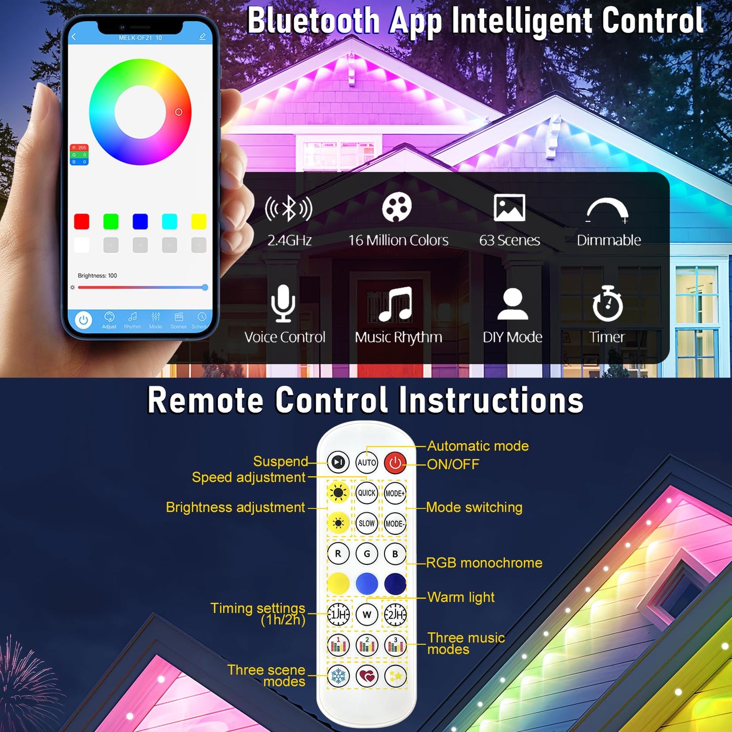 MUCCCUTE Permanent Outdoor Lights for Easter150ft RGB + IC Eaves Lights with App & Remote Control, Outdoor String LED IP67 Waterproof for Holidays New