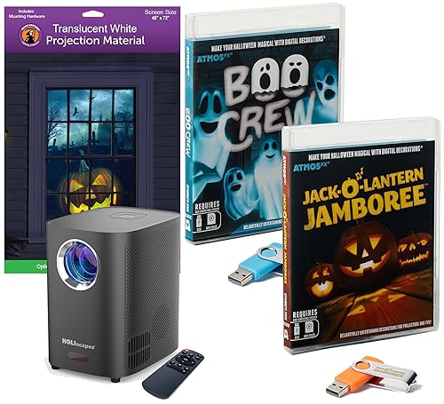 HoliScapes® USB Projector Kit - AtmosFx Boo Crew plus Jack-O-Lantern Jamboree on USB + Projector + 48" x 72" Large White Holographic Screen