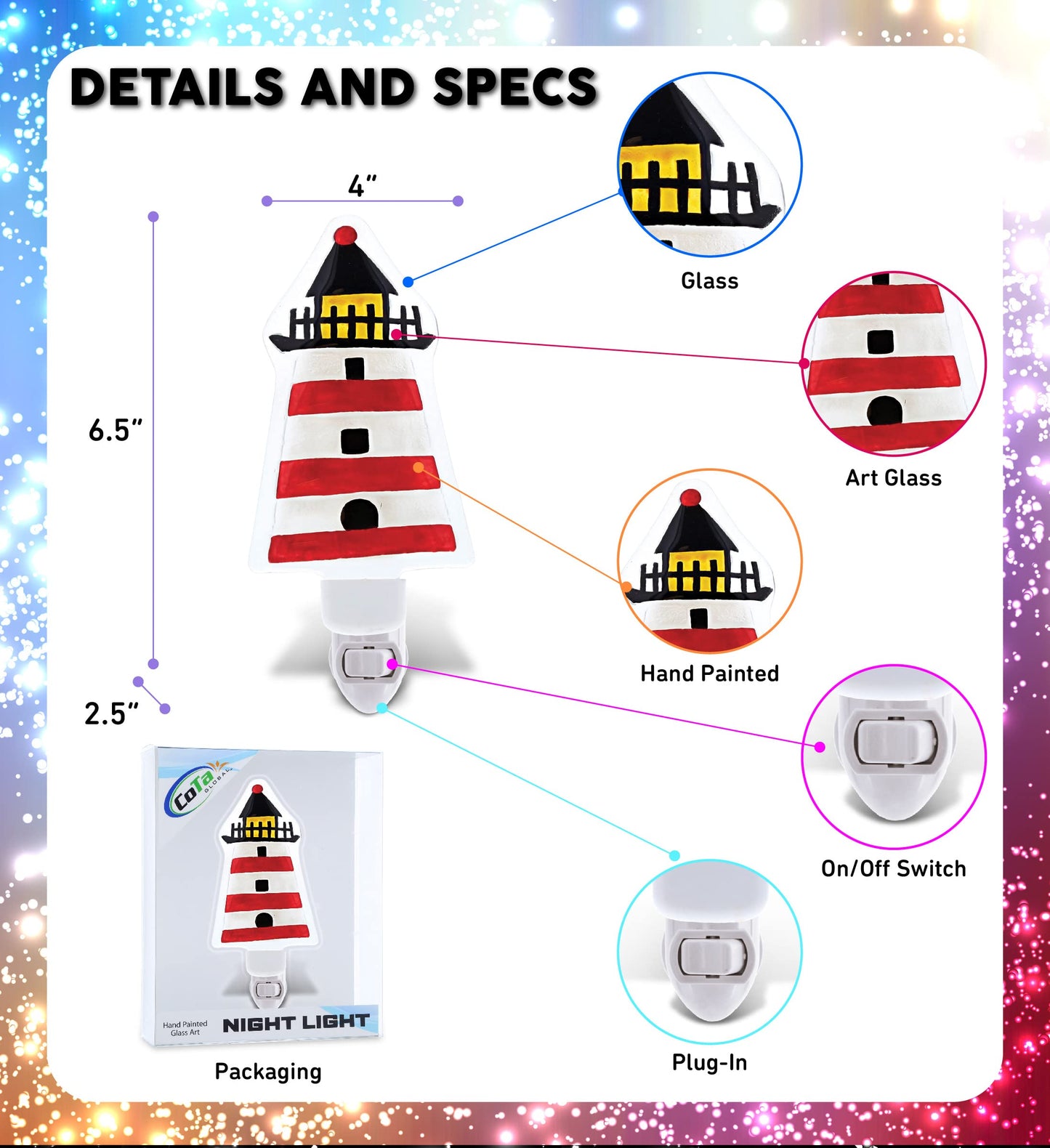 CoTa Global Lighthouse Plug in Glass Night Light Energy Efficient Nightlight Wall Decorative Manual On & Off Switch Incandescent Portable Lights