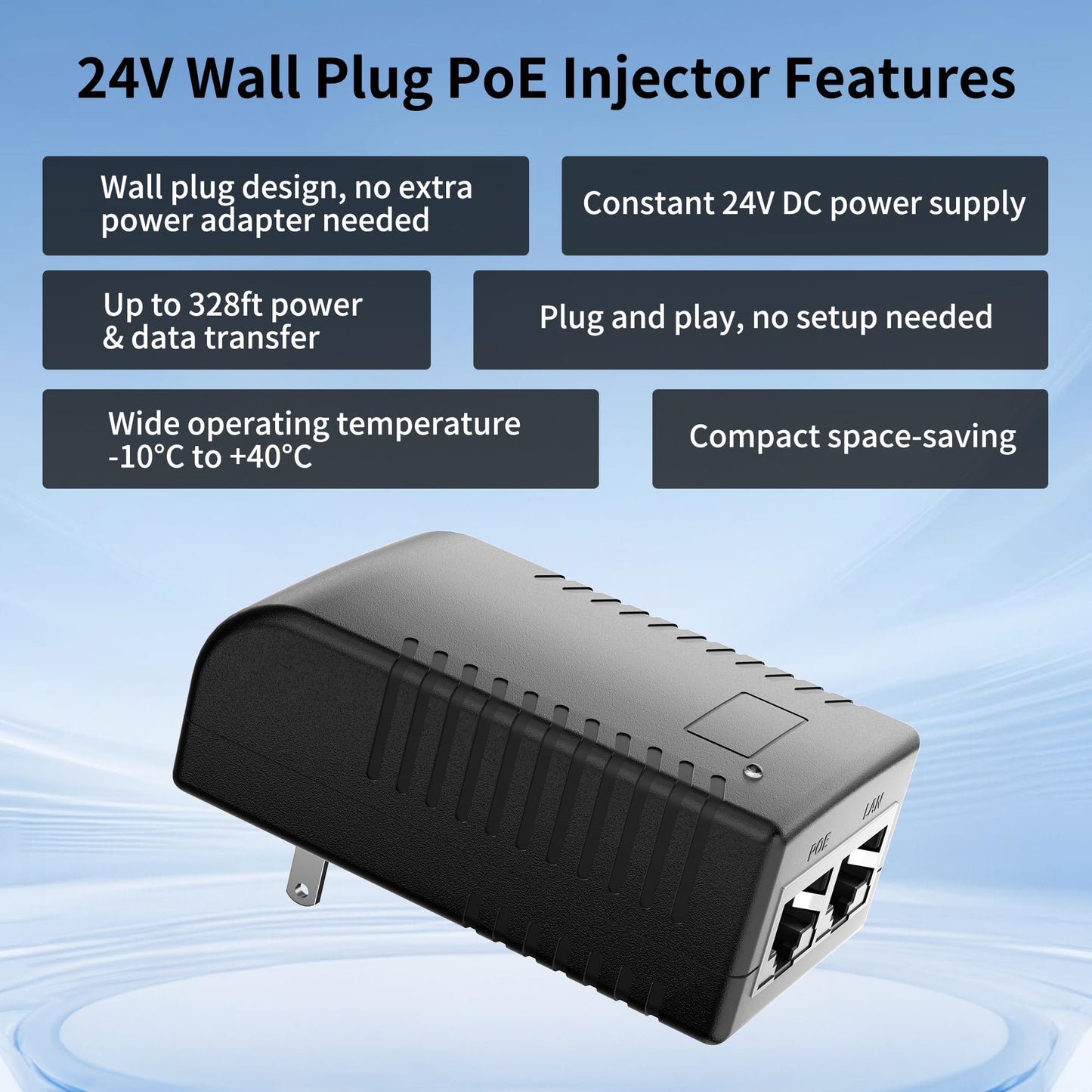 Wall Plug PoE Injector, 24V Passive PoE Adapter, 10/100Mbps, PoE Power Over Ethernet Adapter for 24V PoE Switch, IP Camera, Wireless AP, Access Point