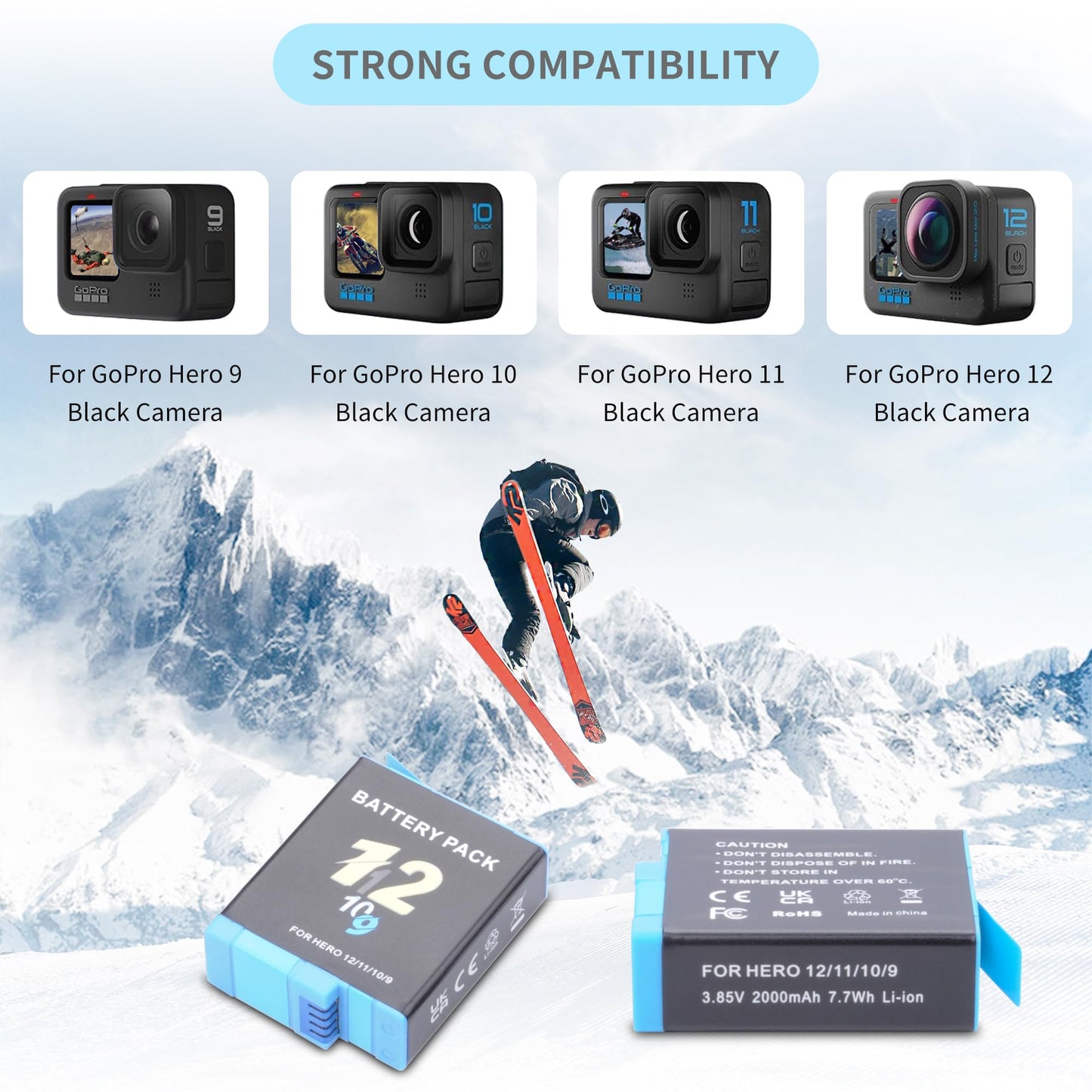 Hero 12/11/10/9 Battery 3Pack 2000mah with 3-Channel USB Storage Fast Charger Kit Fully Compatible for Hero 12, Hero 11, Hero 10, Hero 9 Black