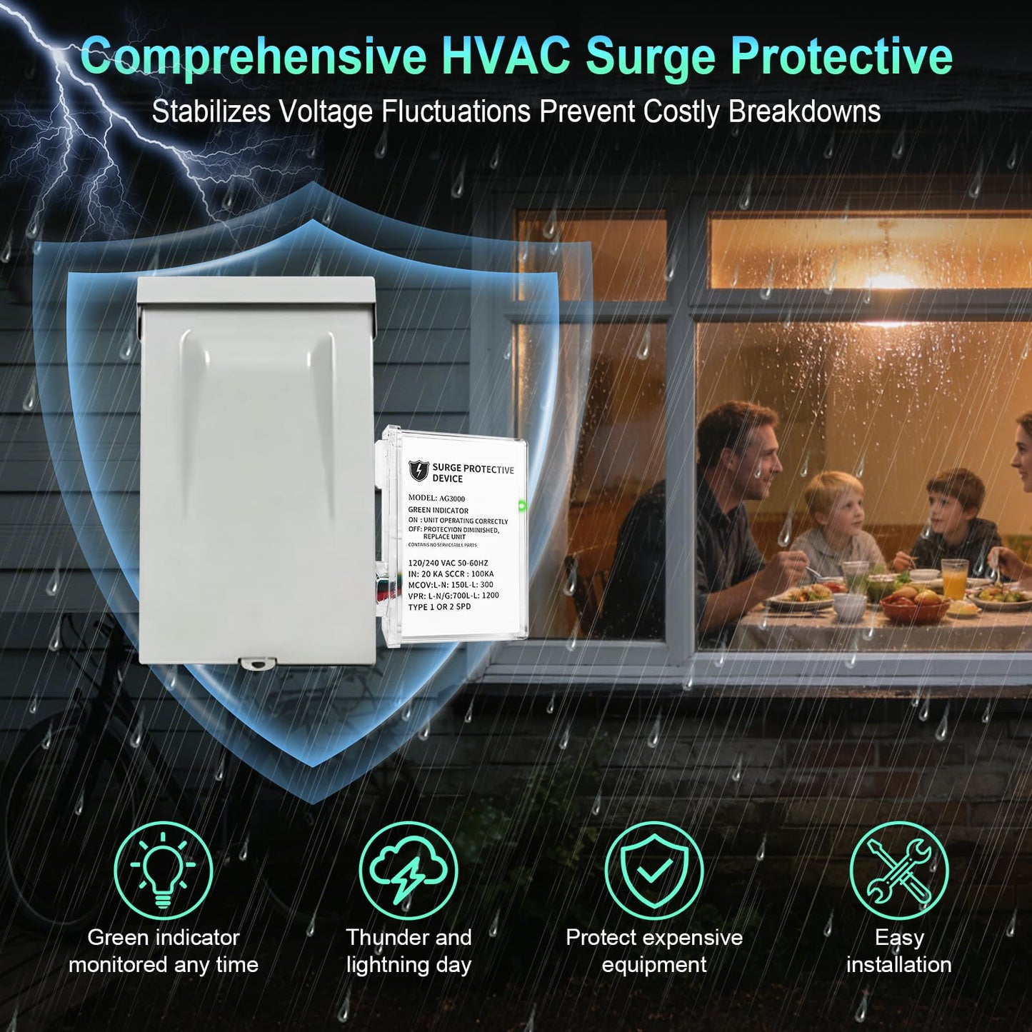 AG3000 HVAC Surge Protector 120/240V, Whole House Surge Protective Device for Mini Split and AC, with TPMOV Technology, Type 4X Watertight Enclosure