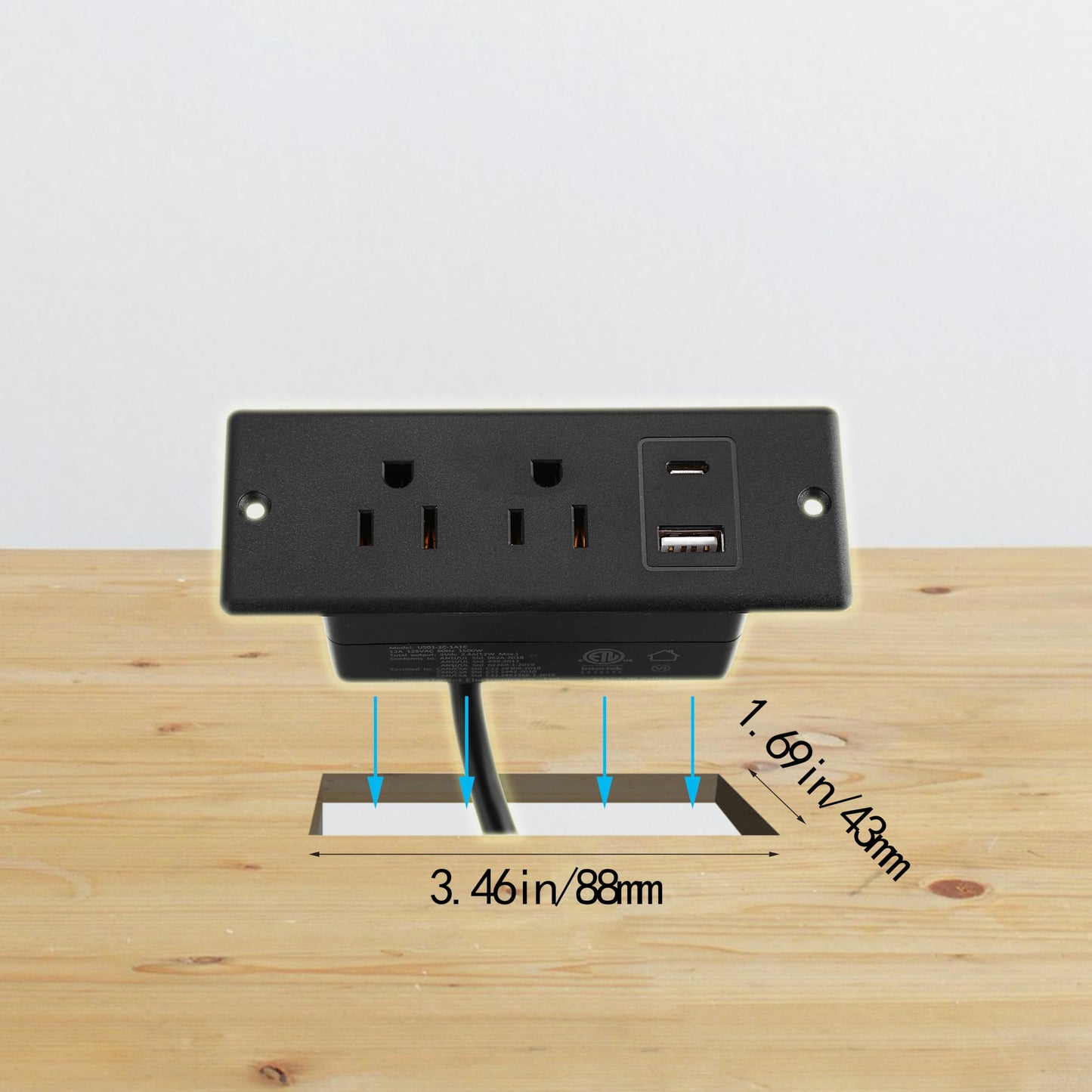 Eridada Recessed Power Strip with USB-C and USB-A, 2 AC Outlets, in-Desk Flush Mount Power Strip, 125V 12A 1500W, for Desk Countertop Kitchen Island