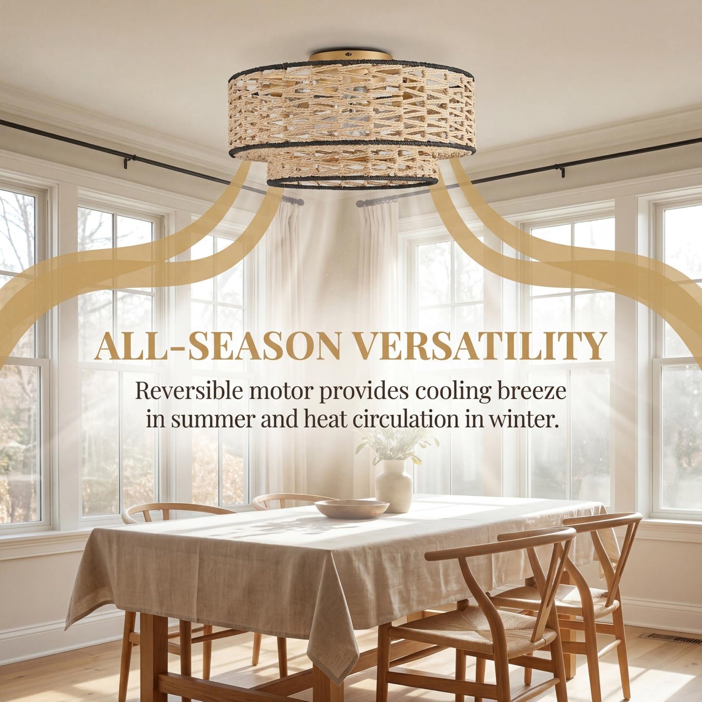 Bewishing 20" Boho Ceiling Fan Light with Remote Control, Double Layer Hand Woven Toast-Colored Rattan with Black Trim Flush Mount Fan Light