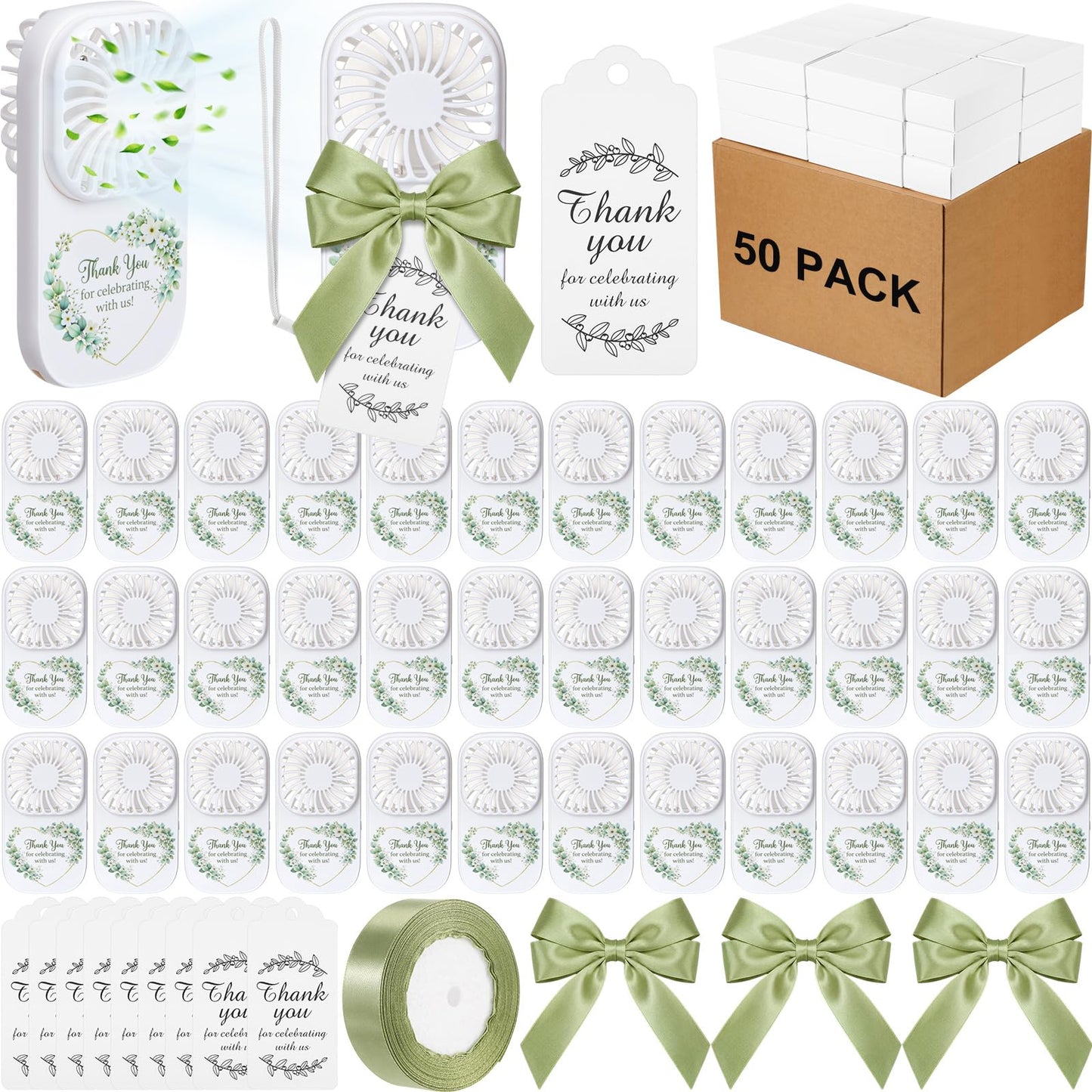 Mudder 50 Set Bulk Mini Handheld Fans for Wedding Guests 3 Speed Battery Operated Fan (Batteries Not Included) with Card Gift Bag for Bridal Party