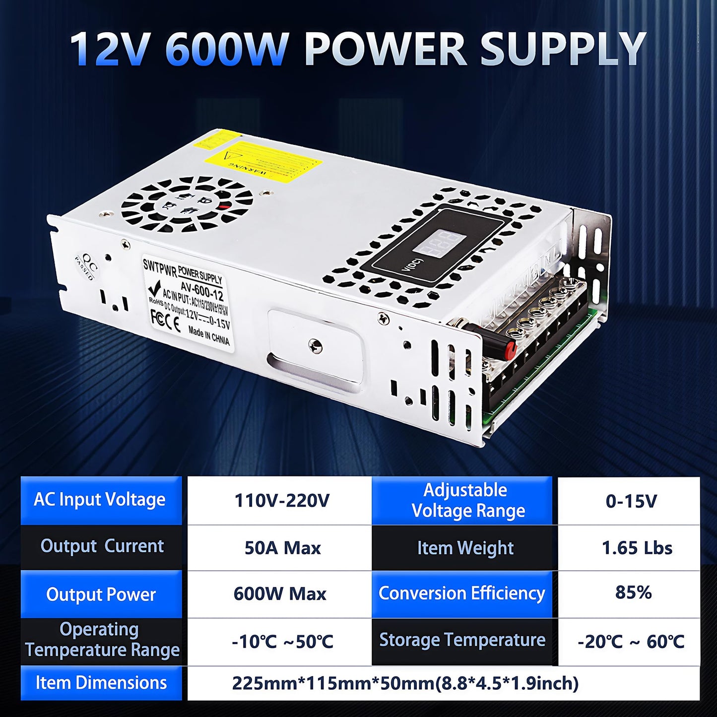 SWTPWR Variable Power Supply DC 0-12V 600W with LED Display 12V Power Supply Adjustable AC to DC Converter 110V to 12V Designed for LED Light Car…