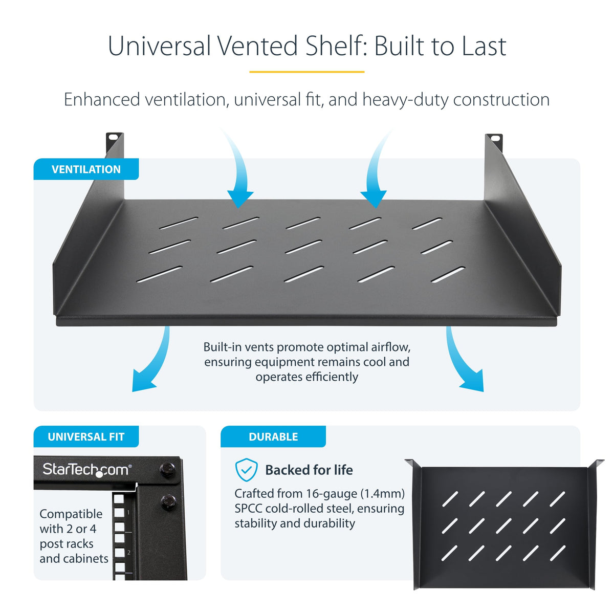 StarTech 2U Vented Server Rack Shelf, 12in, 25lb (CABSHELFV2U-12-RACK)
