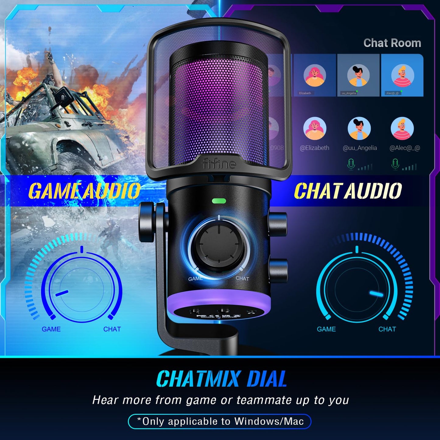 FIFINE USB Streaming Microphone Kit for Gaming, Condenser Mic with RGB, Noise Cancellation, Game/Chat Dial-Plug & Play for PC Twitch/YouTube/Podcast