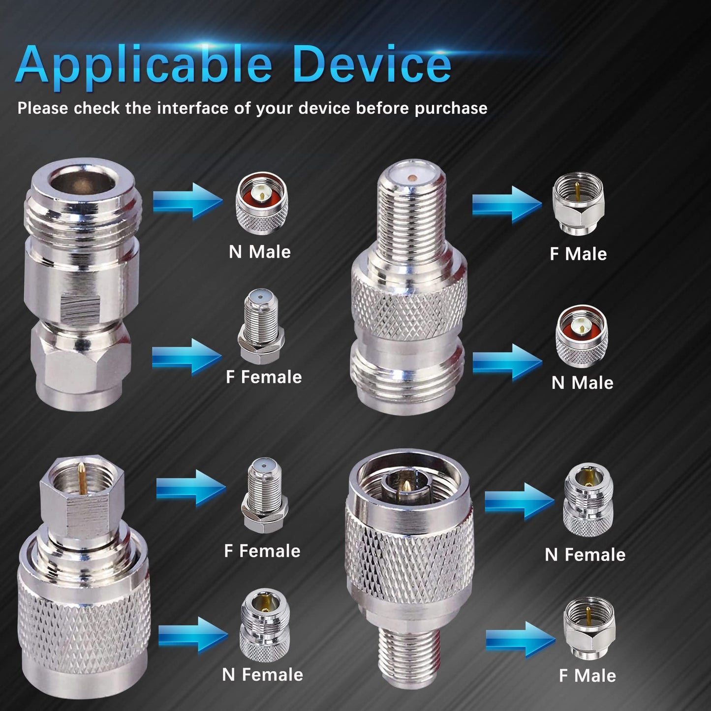 TUOLNK 4 Type Set N to F Coax Adapter Kit F-Type Female to N-Type Male Antenna Coaxial Adapter for Antenna Extension Cable RF Coax Connector Kit