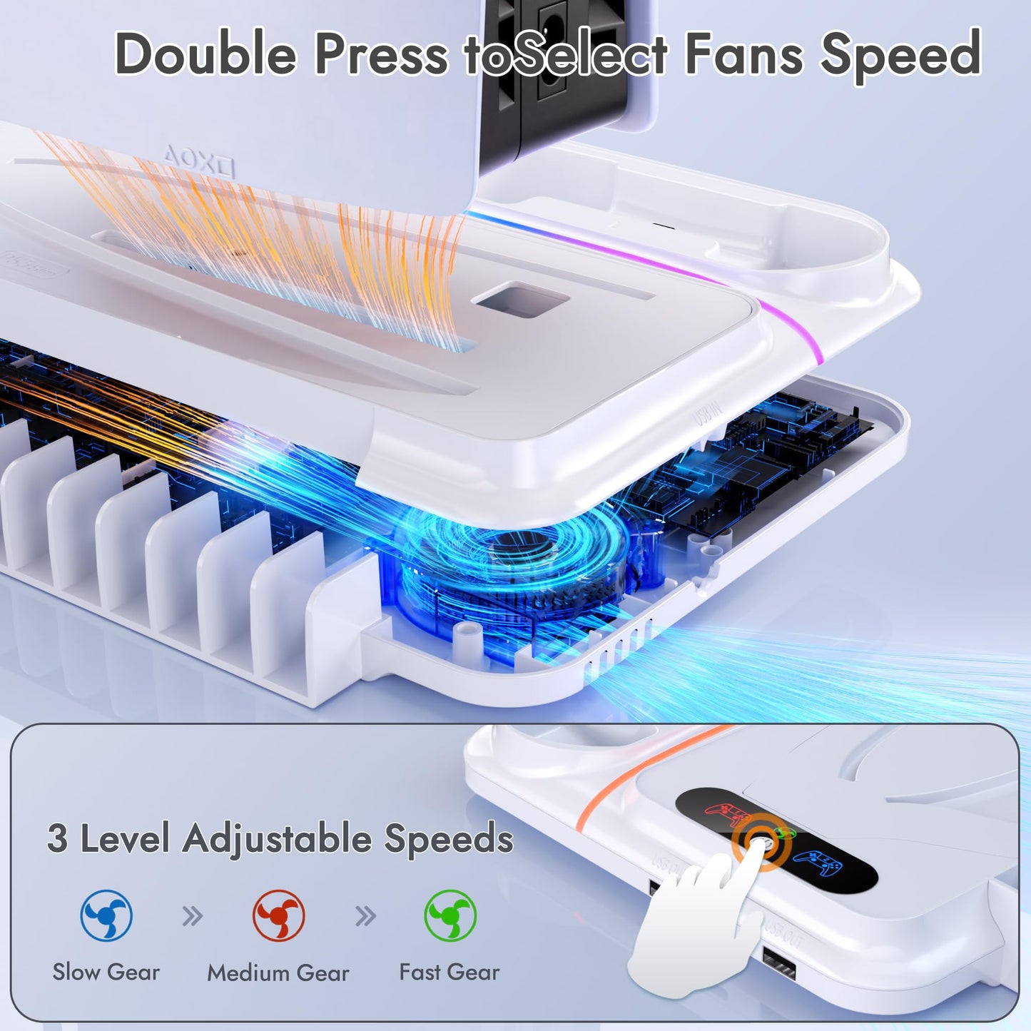 PS5 Cooling Station for PS5/Slim/Pro Disc Digital Console,PS5 Fan Cooling Fan with Dual PS 5 Controller Charger,3 Level Fan, RGB Light,12 Slot