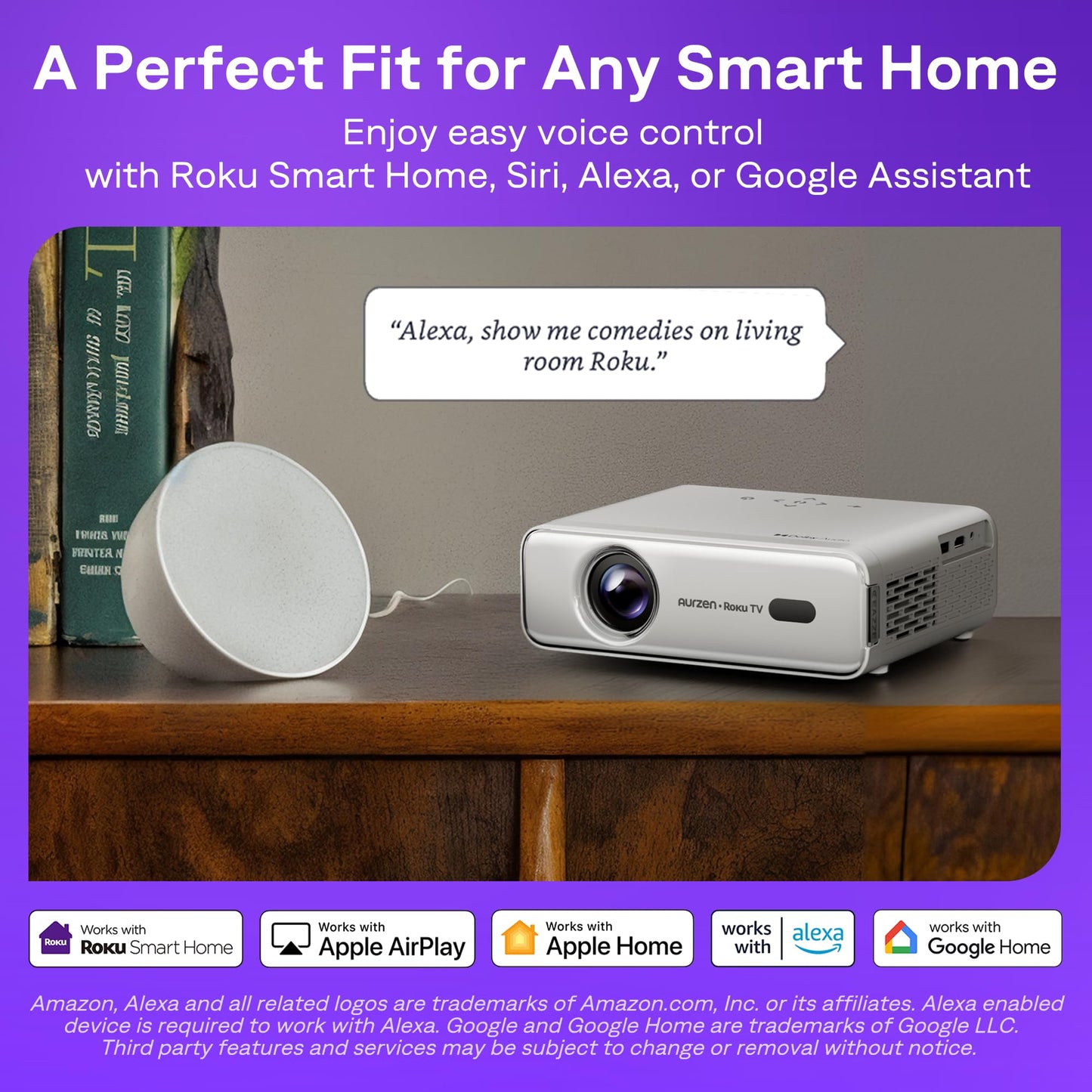 Aurzen Roku TV Smart Projector with Wifi and Bluetooth, Roku Streaming Experience Built-in, 1080P FHD, Dolby Audio, Auto Focus & Keystone, Zoom, Movie