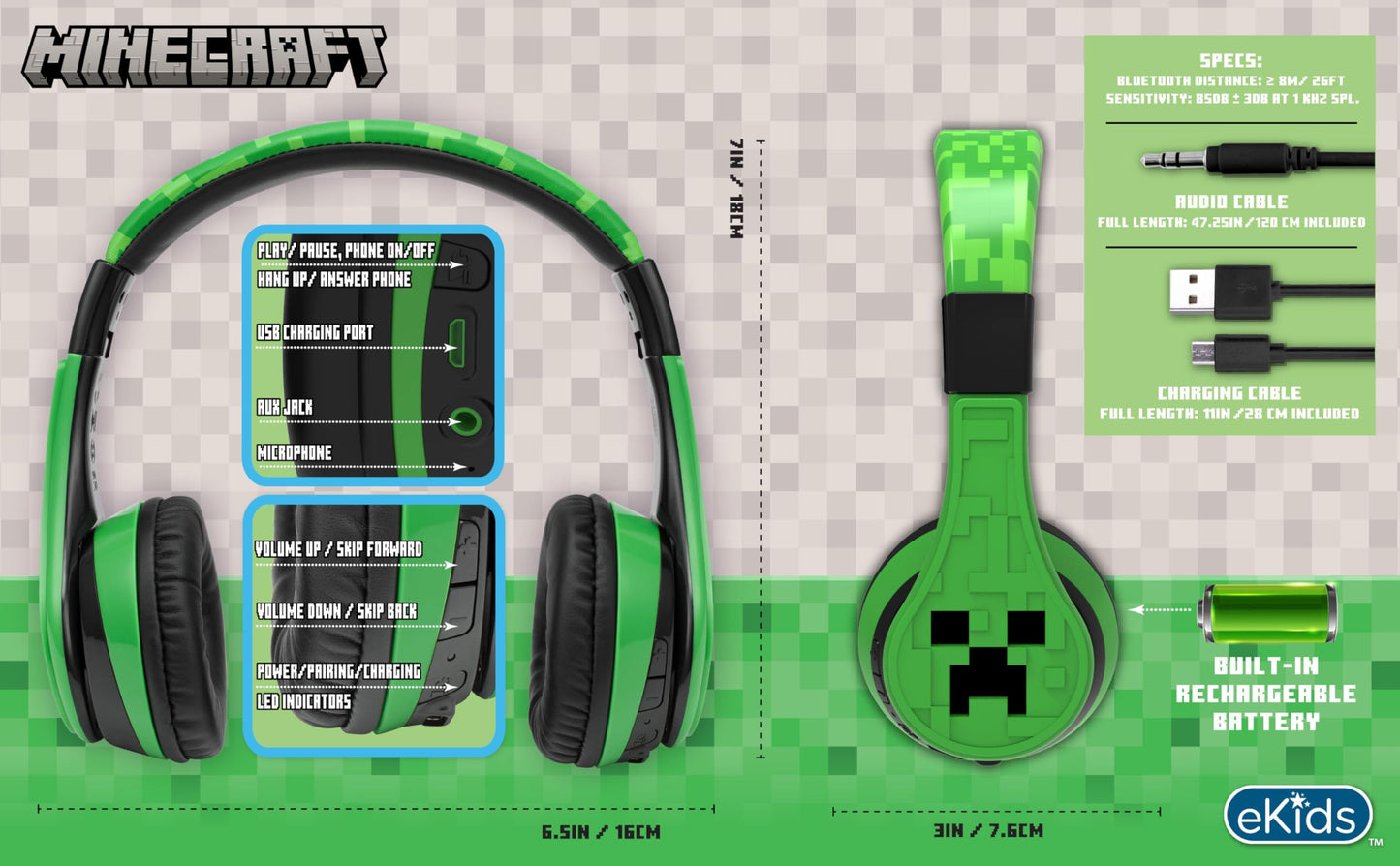 eKids Minecraft Kids Bluetooth Headphones, Wireless Headphones with Microphone Includes Aux Cord, Volume Reduced Kids Foldable Earphones