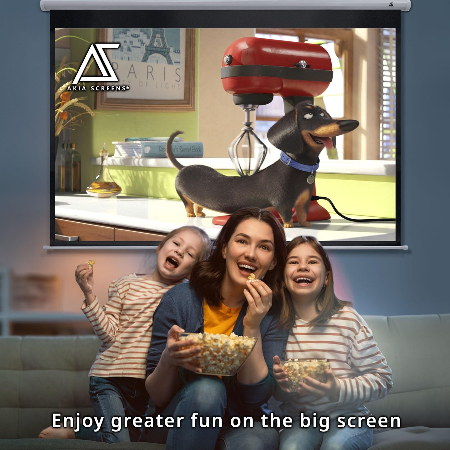 Akia Screens 100-Inch Manual Pull Down Home Theater Projector Screen 4:3, Retractable Wall & Ceiling Mount, Auto-Locking, White Case (AK-M100V1)