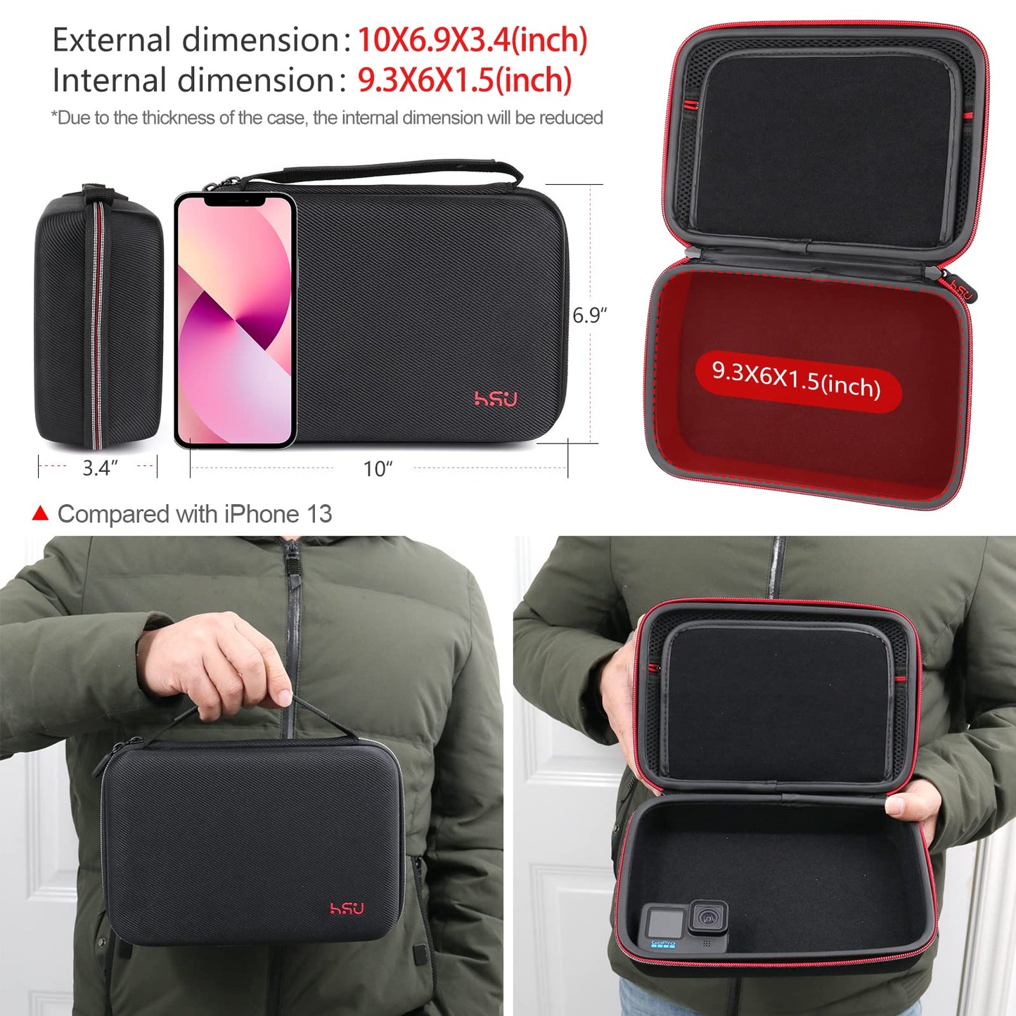 HSU Carrying Case Compatible with GoPro Hero 13/12/11/10/9/8/7/6/5/4/3+/3/DJI Osmo Action Camera, Osmo Pocket, Insta360 ONE X3 Camera and Accessories