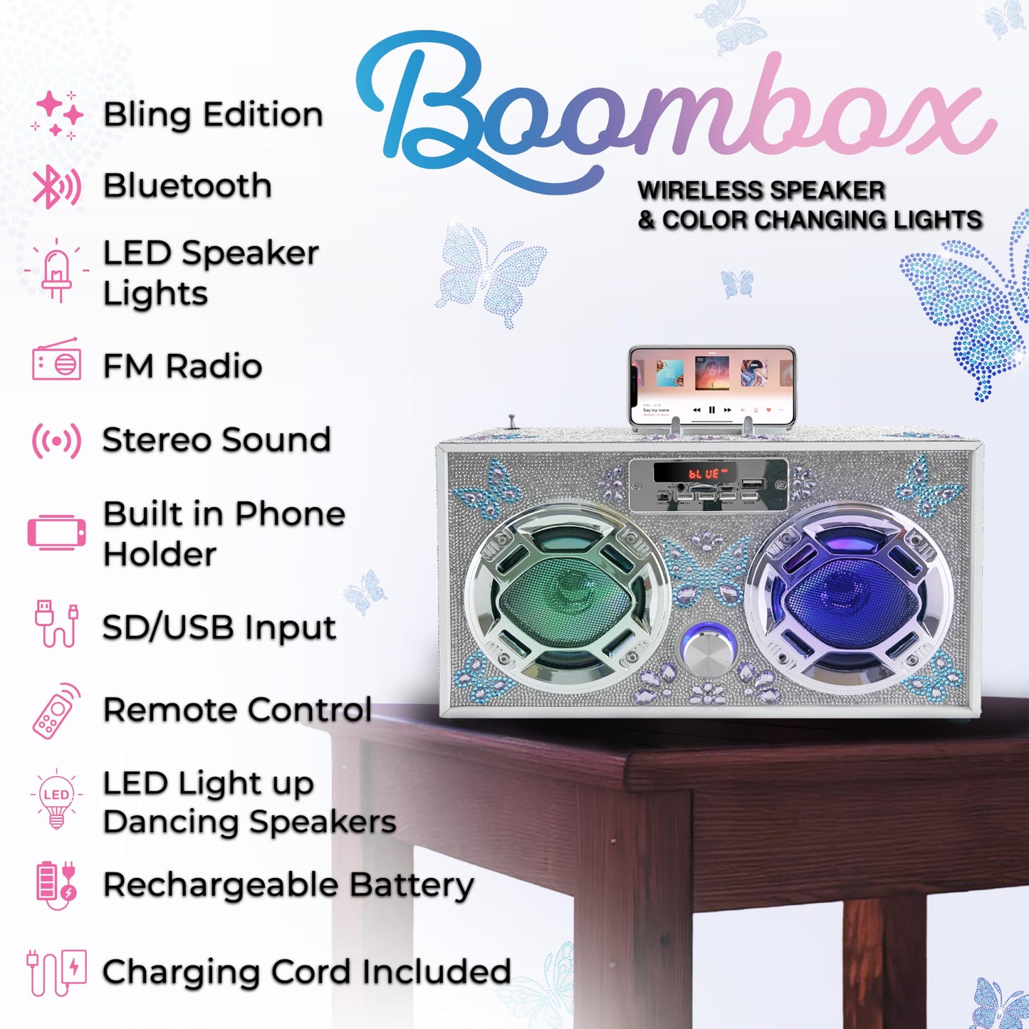 Wireless Express - Portable Party Speaker: Retro Boombox with Bluetooth, LED Light Show, Enhanced FM Radio, Rechargeable Battery (Butterfly Silver