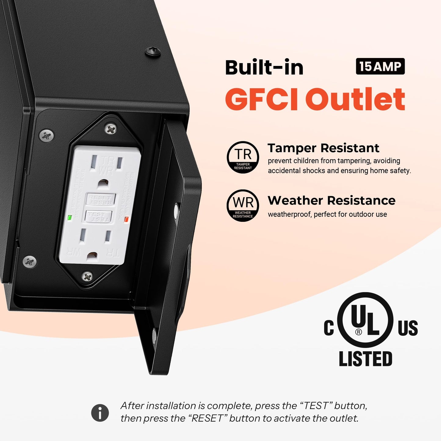 Gleamz Outdoor Wall Light Dusk to Dawn, Black Front Porch Light with GFCI Outlet, Modern Exterior Lighting Fixtures with Outlet, Exterior Wall Sconce