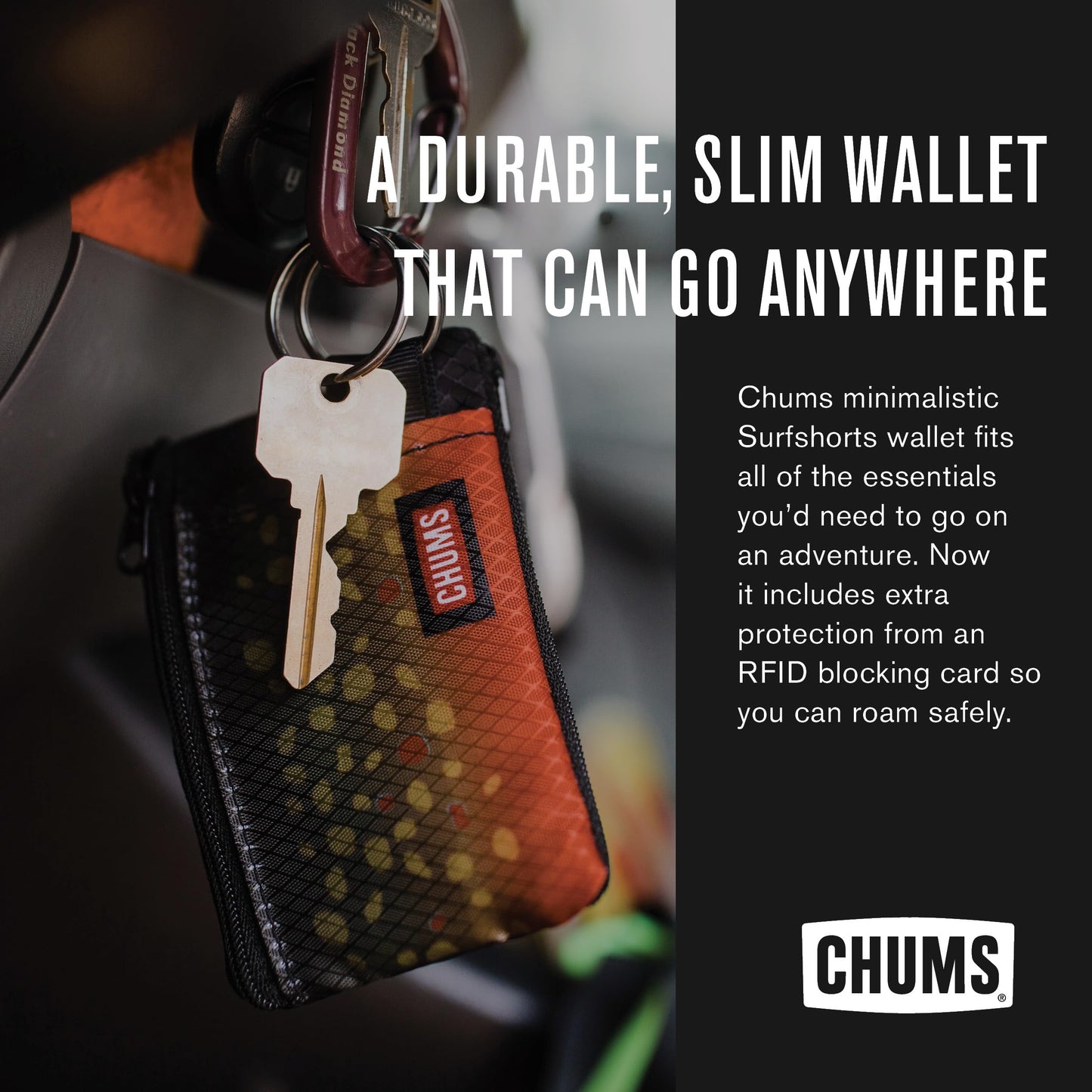 Chums Surfshorts Wallet – Lightweight Minimalist Zippered Wallet with Clear ID Window, Water-Resistant with Key Ring, Rainbow Tie Dye