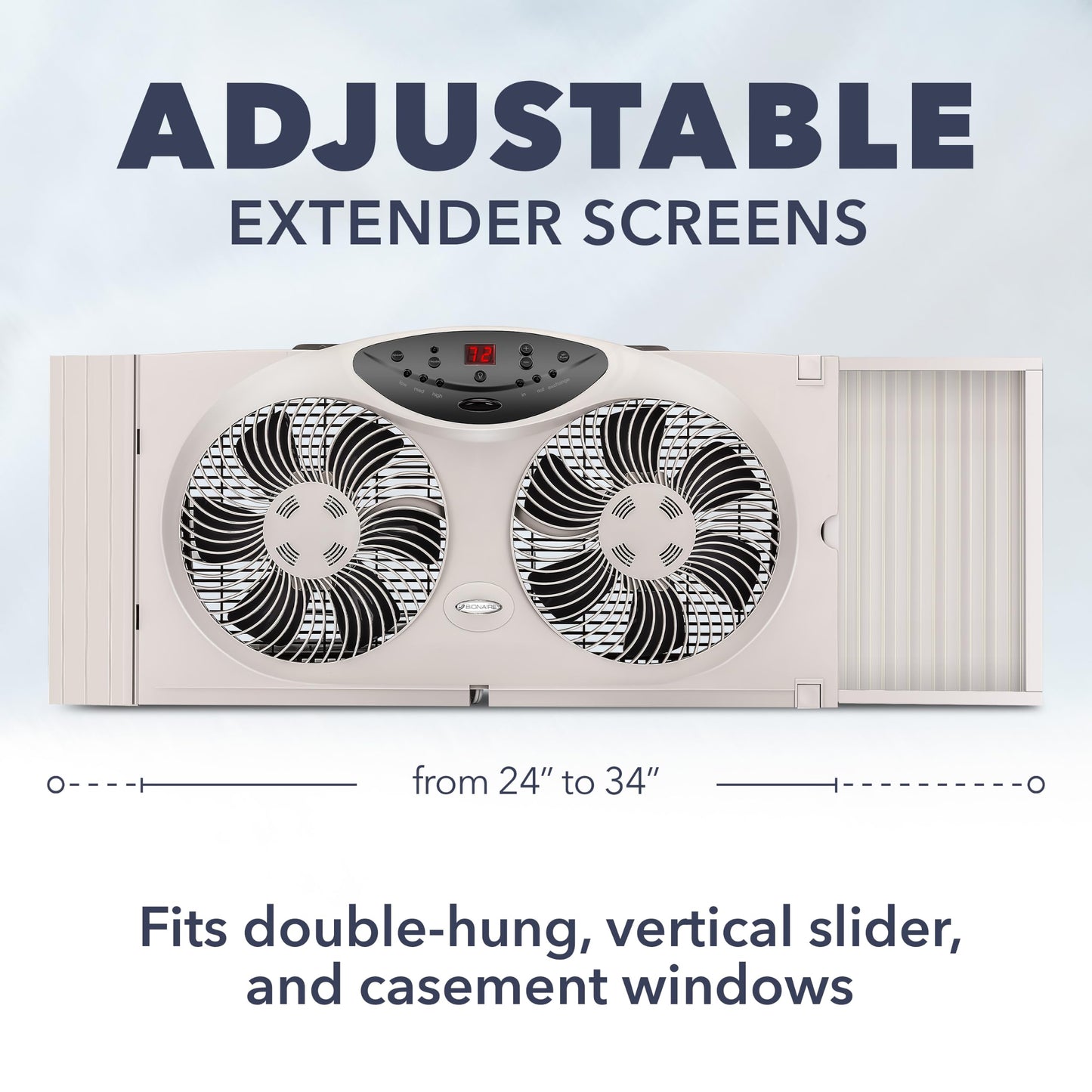 Bionaire Window Fan with Reversible Airflow Blades - 3-Speed Settings, Programmable Thermostat, LED Display, Remote Control, Fits 24-36" Windows, No