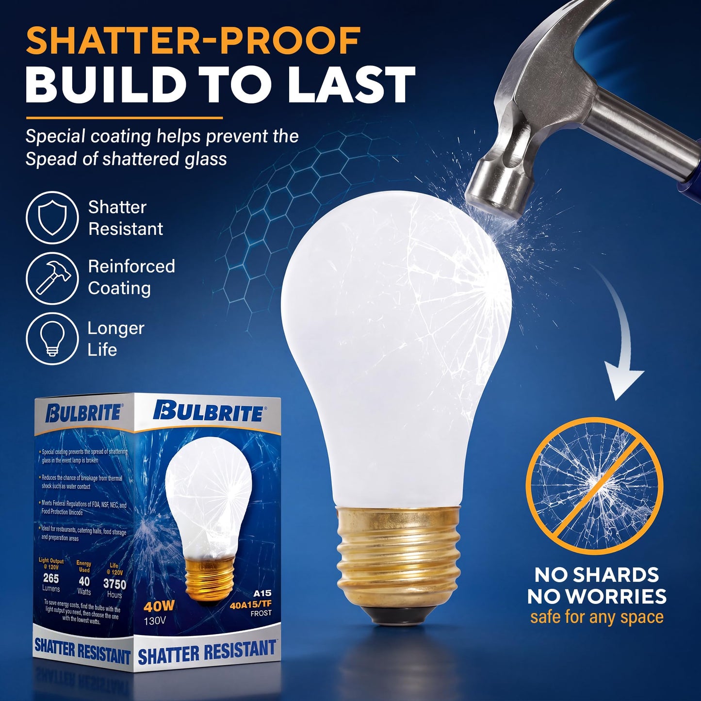 Bulbrite 40A15/TF Shatter Resistant 40W A15 Incandescent Light Bulb, E26 Base, 2700K Warm White, Dimmable, Frost Finish (2 Pack)