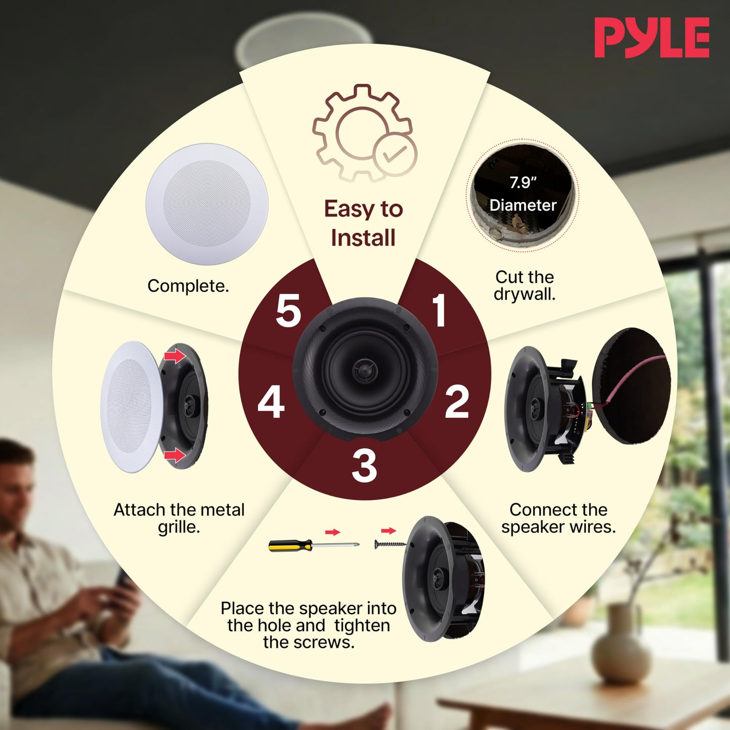 Pyle 8” 4 Bluetooth Flush Mount - In-wall In-ceiling 2-Way Speaker System Quick Connections Changeable Round/Square Grill Polypropylene Cone & Tweeter