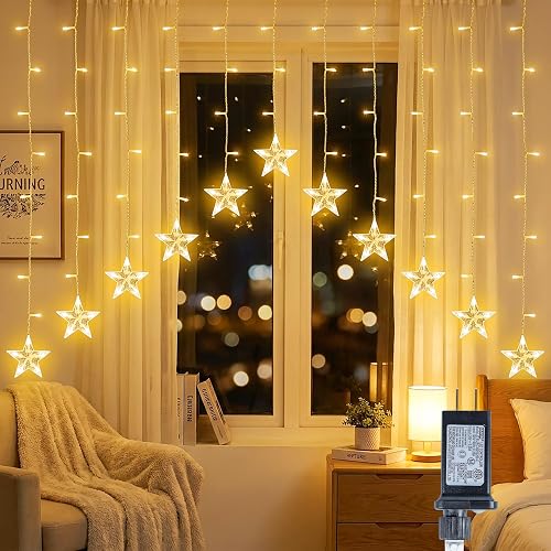 YOUNGAR Stars Icicle Lights,Younger Stars Curtain Lights,11.5ft 118LED Hanging Lights for Home Bedroom Ceiling, Warm White Lights Decor for Wall