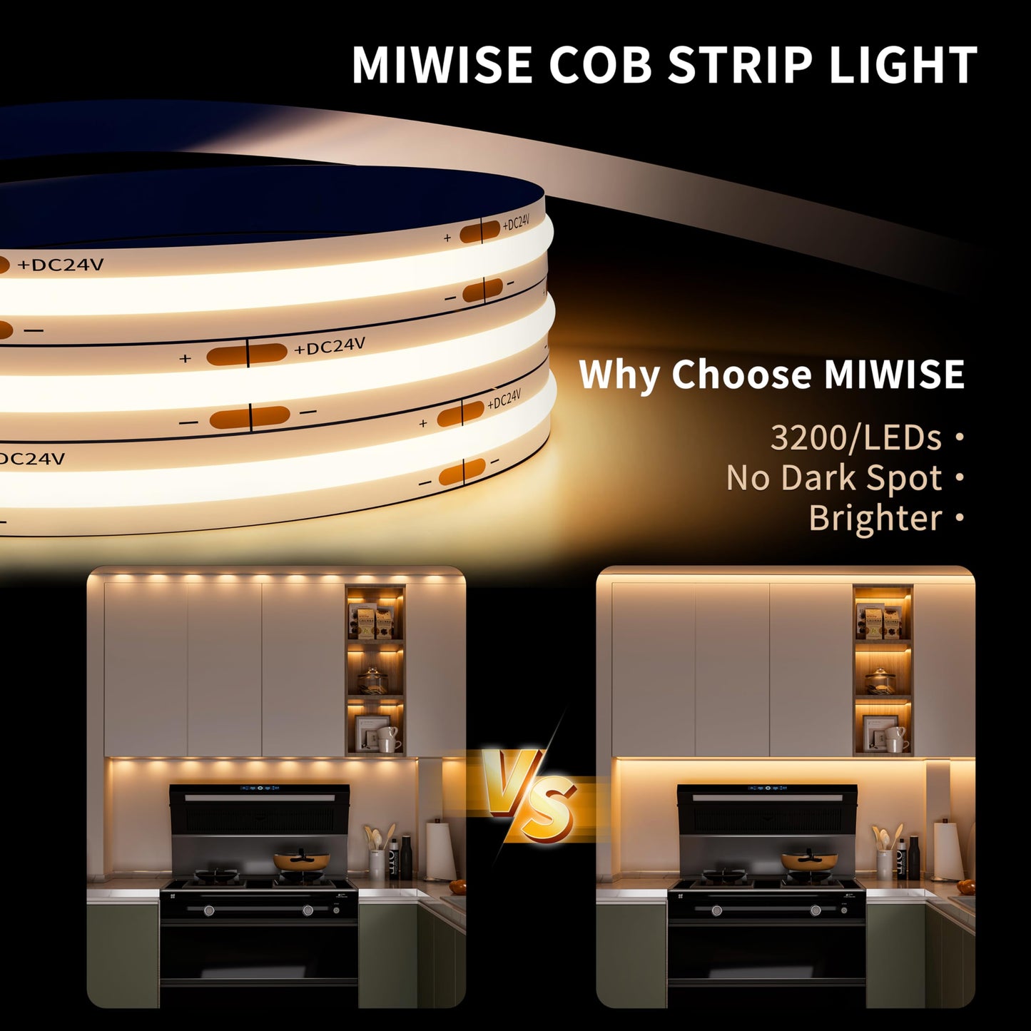 MIWISE COB LED Strip Light 32.8ft/10m,CRI 90+ Warm White 2700K High Lumen Dimmable Super Bright Flexible DC24V LED Tape Light