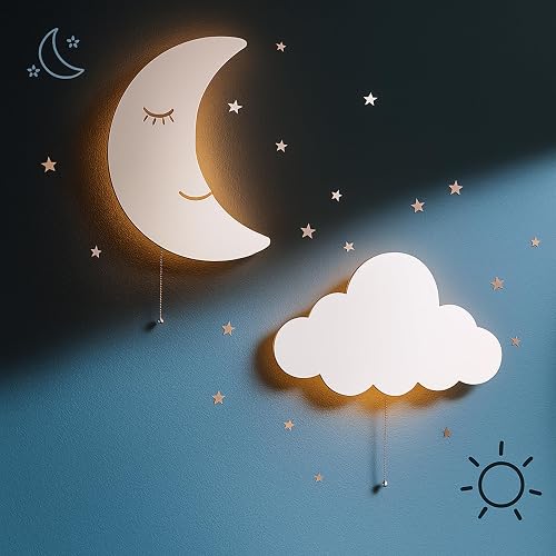 Tip perk 2 Pack Cloud & Moon Lights - Floating Cloud & Moon Wall Lamps for Nursery | Cute Floating Lamps for Kids Bedroom | Battery-Operated Hanging