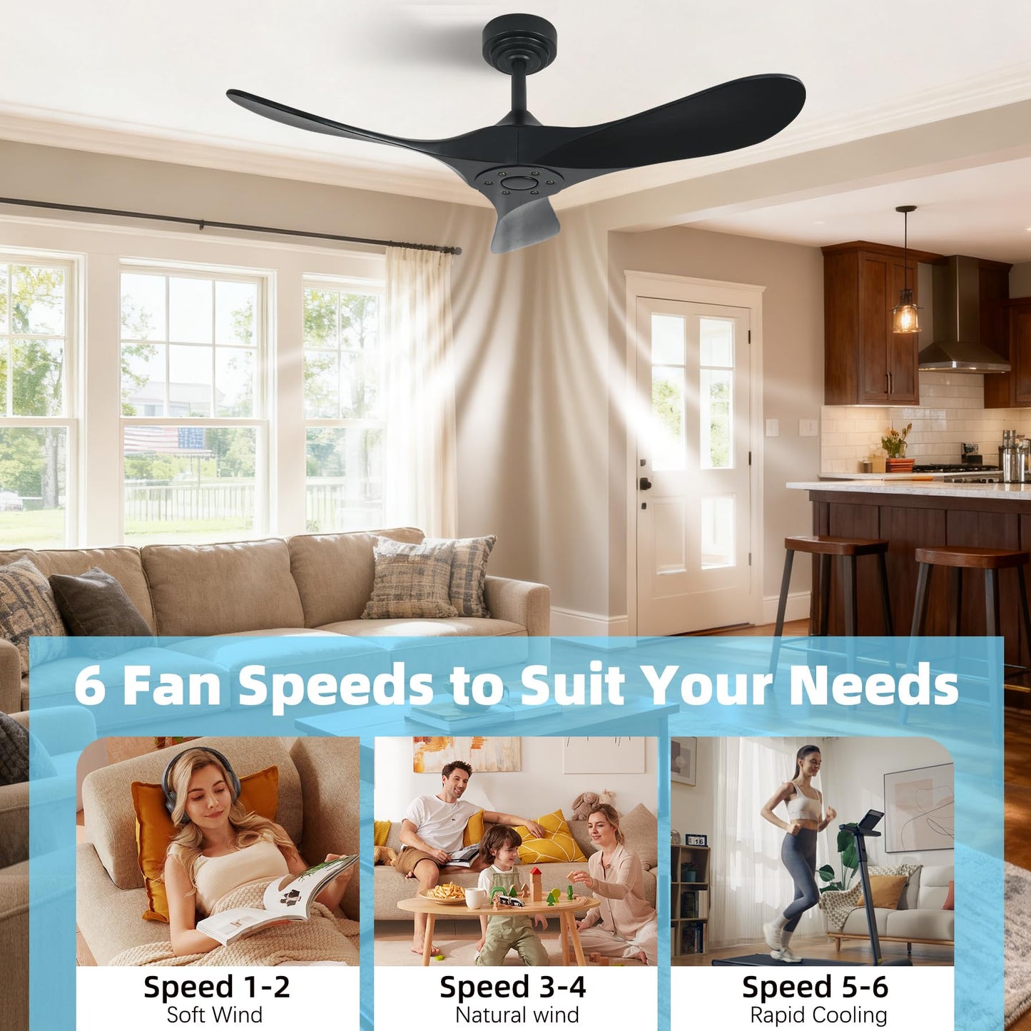 Homlit Outdoor Ceiling Fan Without Light, 42Inch Smart Ceiling Fan with Remote & Voice Control for Compatible with Alexa/Google, 3-Blade Solid Wood