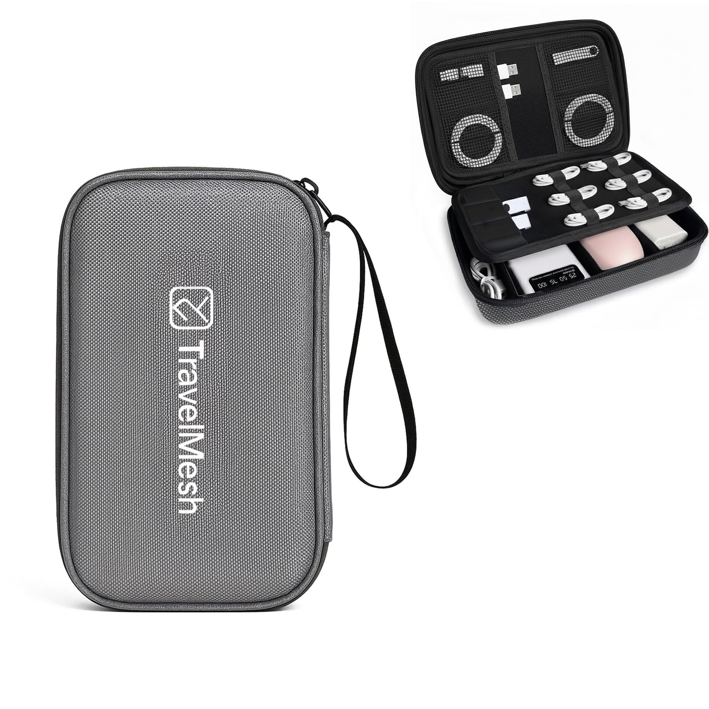 TravelMesh Travel Cable Organizer Bag - Waterproof Electronics Accessories Case for Cords, Chargers, and Tech Gear - Grey