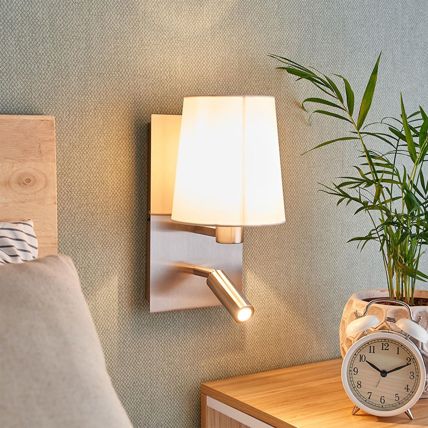 Lucande 12.1" Wall Sconce with Shade & Reading Light, White Fabric Wall Lamp for Bedroom, Silver Bedside Wall Light with LED Reading Light 3000K 205