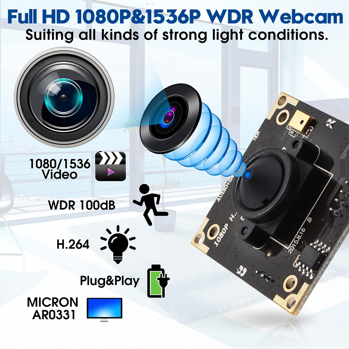ELP USB Camera WDR H.264 3megapixel 1536p Camera Module for Computer,3mp AR0331 Camera Module with Microphone Mini UVC USB2.0 Webcam Board,WDR 100db