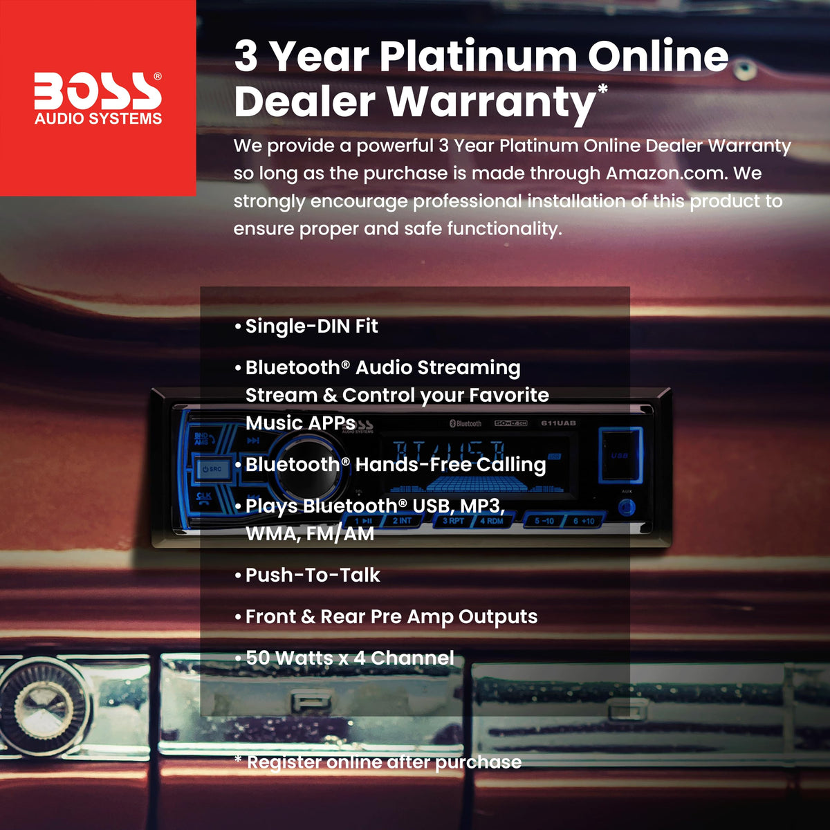 BOSS Audio Systems 611UAB Single DIN Bluetooth Car Stereo, No DVD, USB