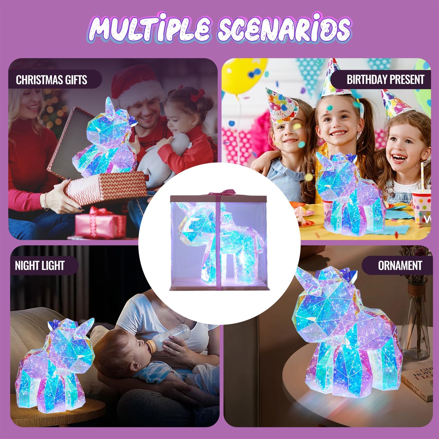 Aladdinas LED Unicorn Night Light, Holographic Iridescent Design, Gift Nursery Decor Display Box with Ribbon (Unicorn, Small)