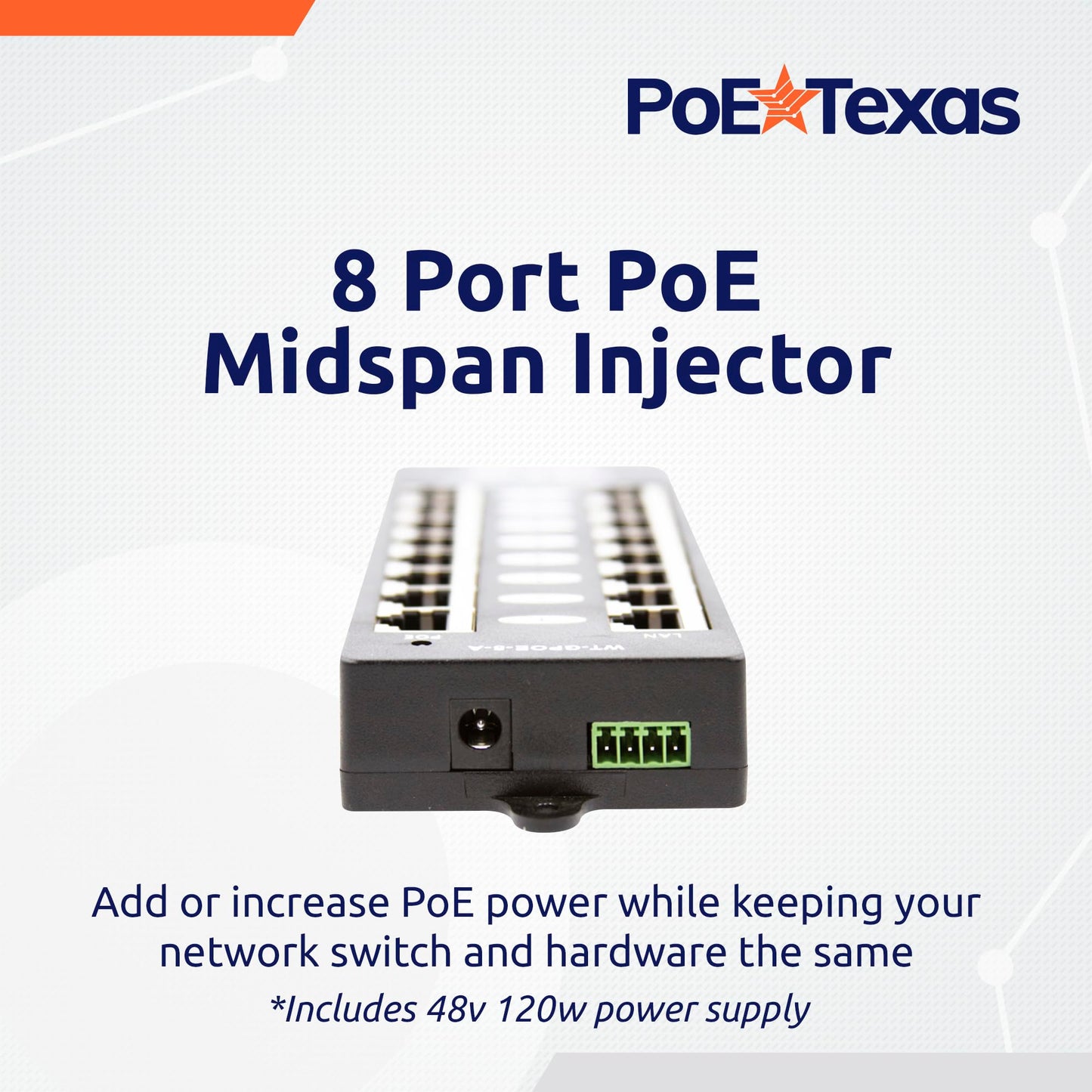 PoE Texas 8 Port PoE Injector - Gigabit Passive Power Over Ethernet Midspan - Front Wall Mount for Security Cameras, IP Phones, WiFi APs - Works