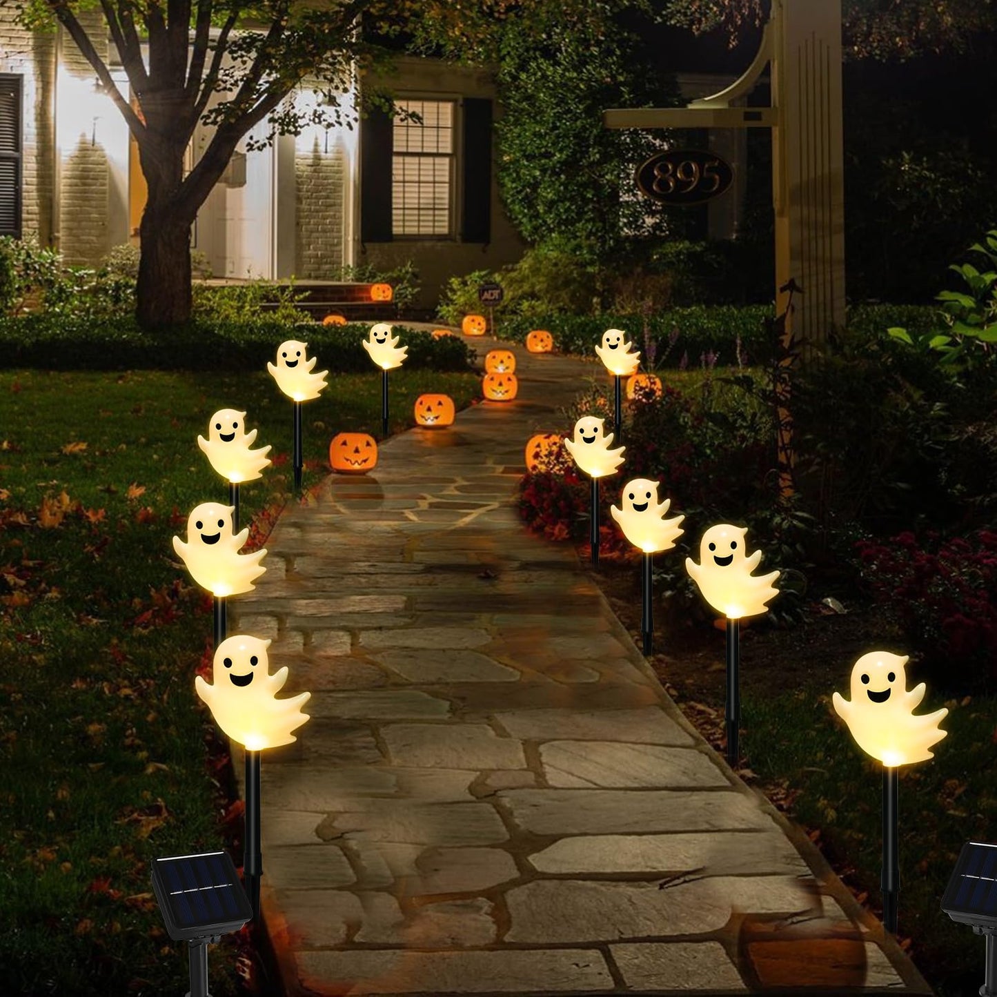 VOGVOG Solar Halloween Ghost Pathway Lights, 10 Pack 3D Lighted Outdoor Stake Decorations, Waterproof LED Yard and Garden Lights for Halloween