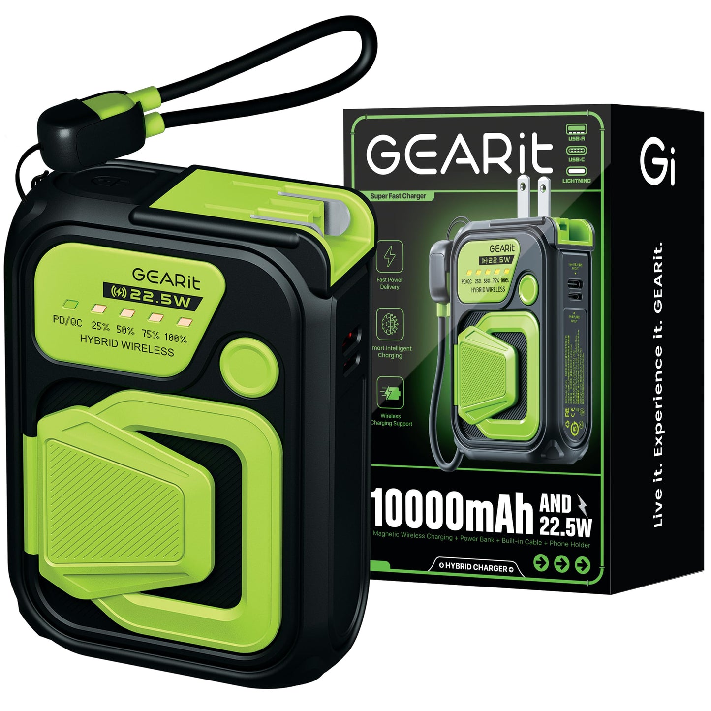 GEARit 3 in 1 10000mAh Magnetic Power Bank - Wireless Battery Pack with USB-C & Lightning Cables Fast Charging Portable Charger Compatible