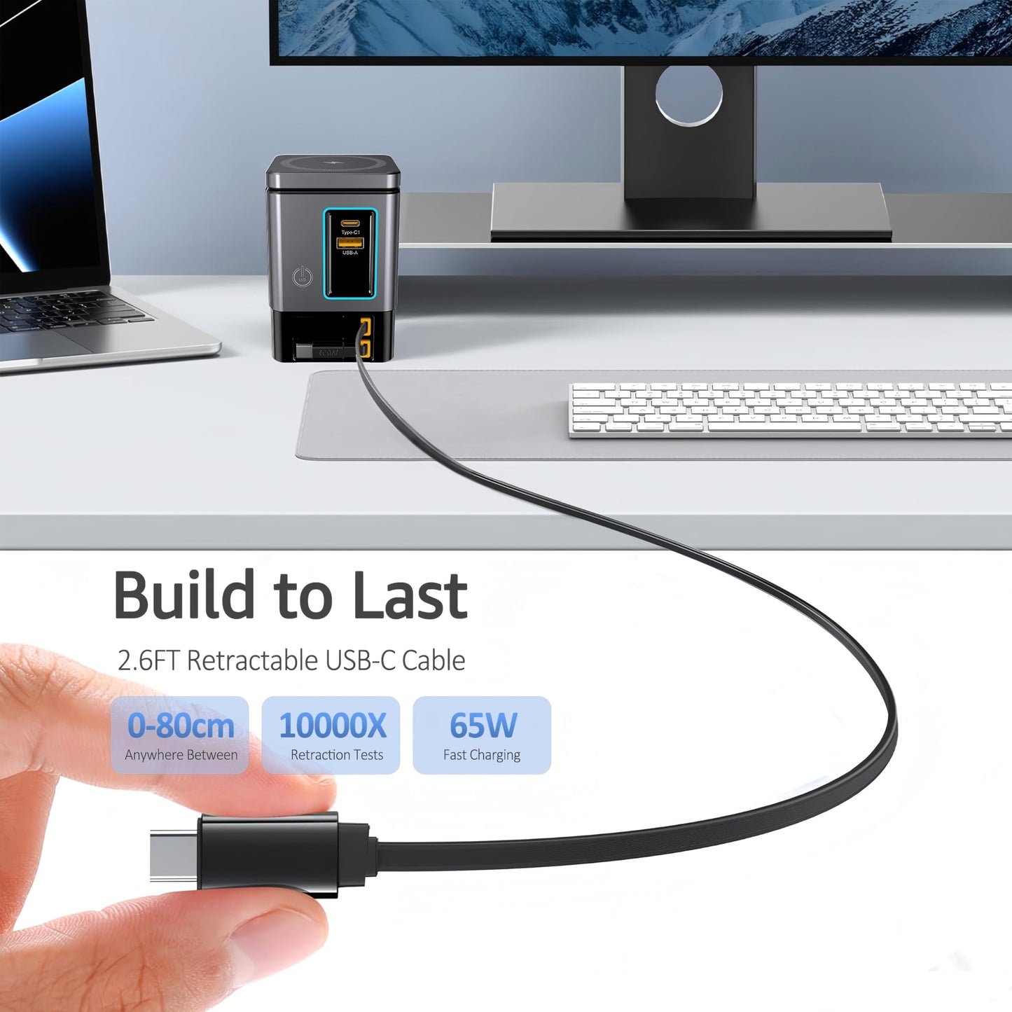 Electmagic 105W Charging Station-MagSafe Compatible,6-in-1 Charging Dock,Gan Retractable Charger with Dual 65W Cables,USB-C Fast Charging for iPhone