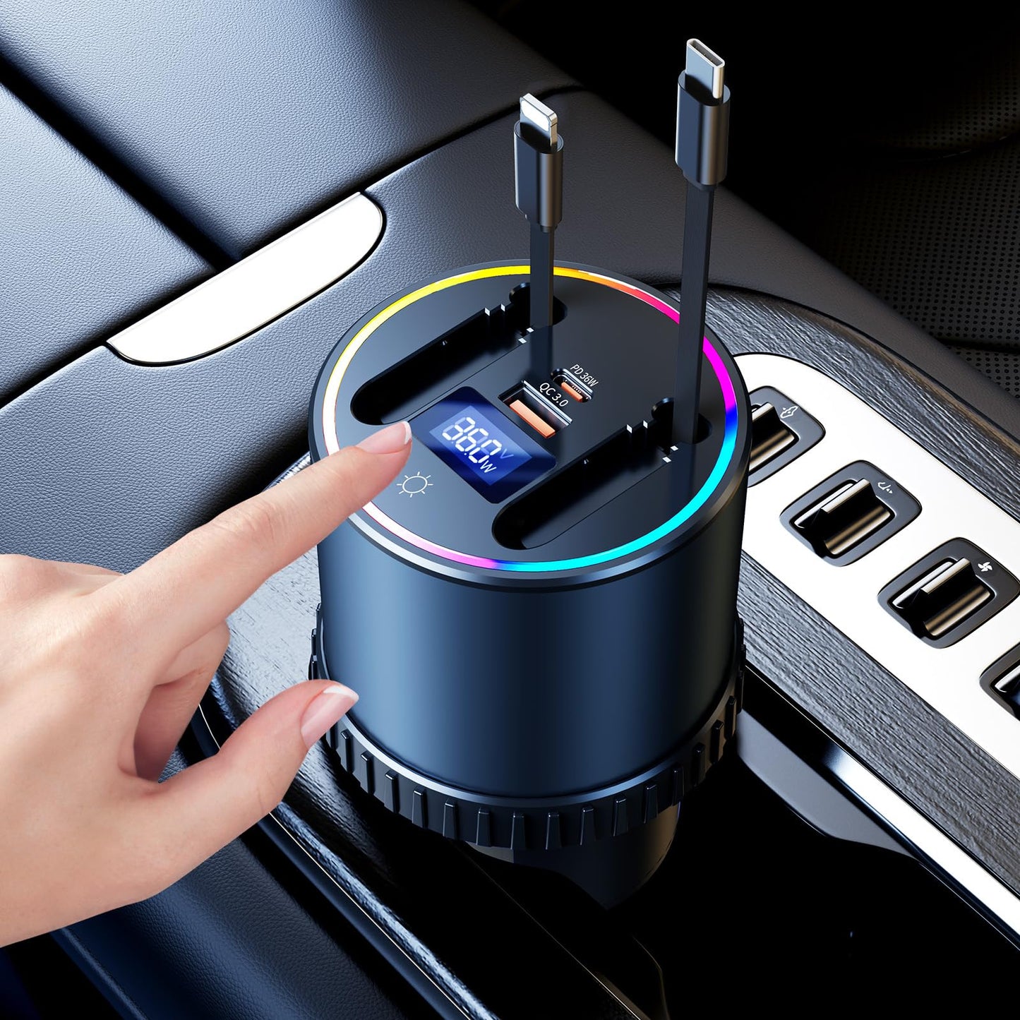 DICMKY Retractable Car Charger USB Hub with RGB Light, 4 Port Car Charging Station Cigarette Lighter Adapter, Travel Essentials Car Accessories