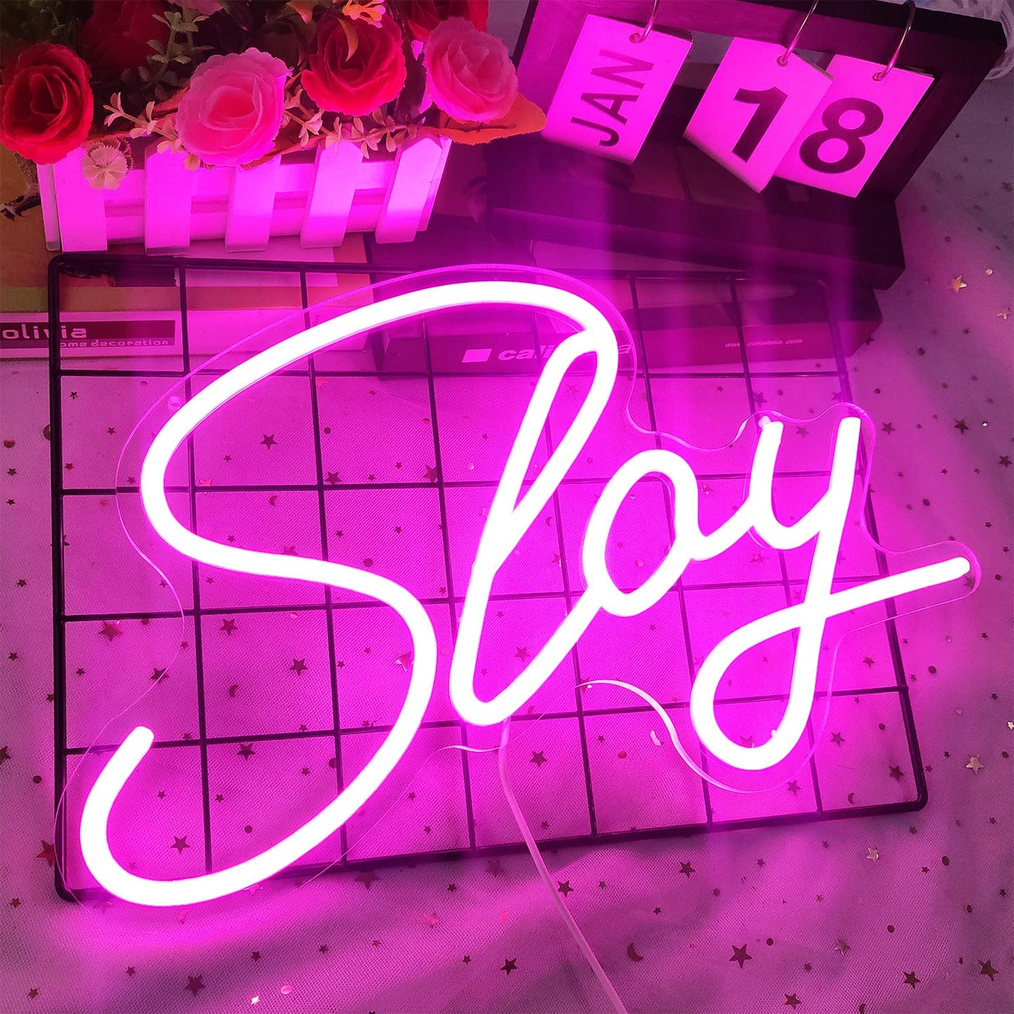 Preppy Lights Slay Dimmable Pink Neon Led Light Sign for Wall Decor 15.7''*9.4'', Bedroom, Living Room, Salon, Party Decor