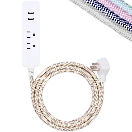 Cordinate Designer 2-Outlet Power Strip with 2 USB Ports, 10 Ft Braided Extension Cord, 2.4A Fast Charge, Surge Protection, Low-Profile Flat Plug, UL