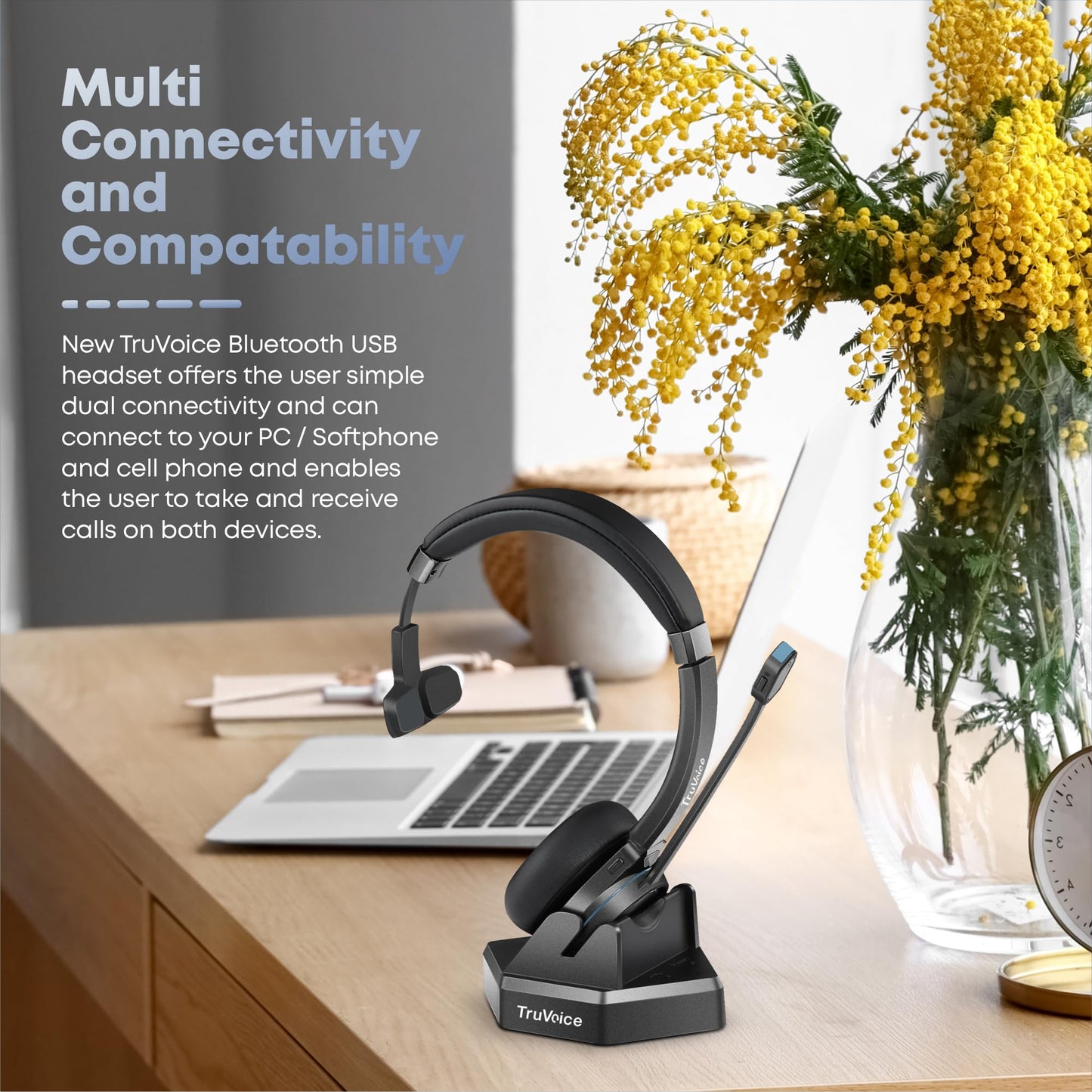 TruVoice BT55 Wireless USB Headset with Hi-Fi Audio and Noise Canceling Microphone - v5.2 Bluetooth Fast Charging Base and 15hr Talk time - Multi