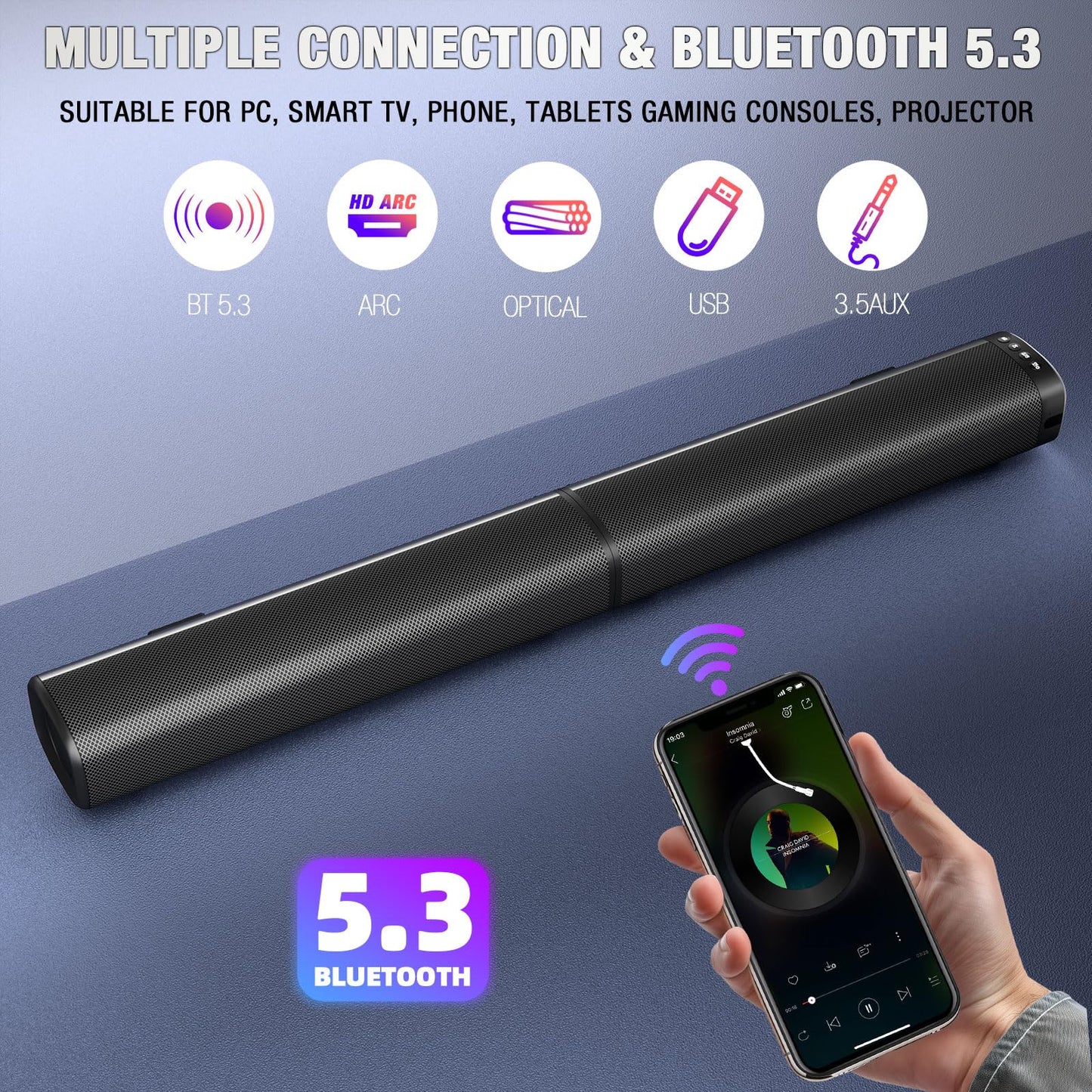 Puriom Sound Bar for Smart TV, 100W Sound Bar with Bluetooth 5.3/ARC/Opt/AUX Connect, 2-in-1 Detachable Home Soundbar, Home Theater Speaker & Bass