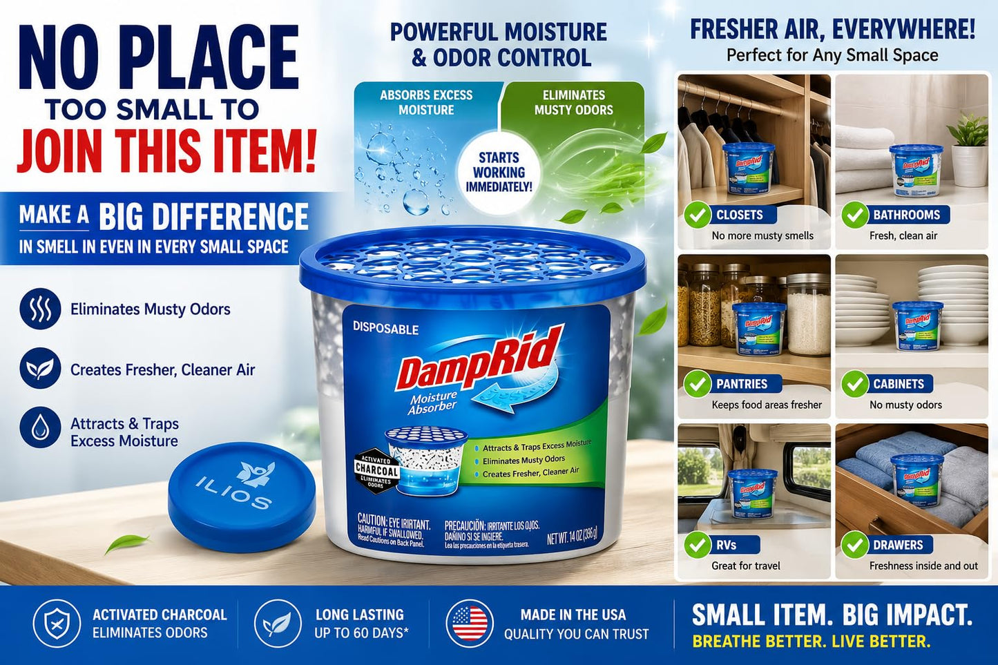 Damp Rid Bucket Charcoal Moisture Absorber, Humidity Absorber & Odor Eliminator for Home, Bathroom & Basement, 18 oz Disposable 2 Pack - Ilios