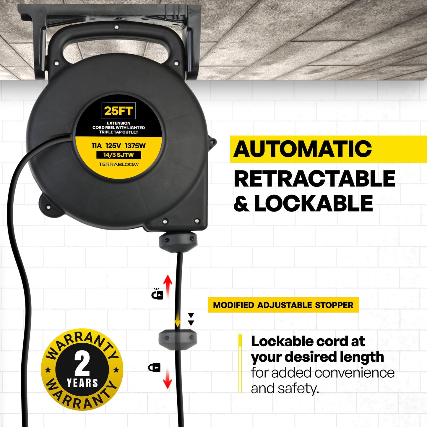 TerraBloom Retractable Extension Cord Reel with Light Indicator - 14/3 Cord Reel 45 ft - Triple Outlet Electric Cord Reel - Wall Mounted Retractable