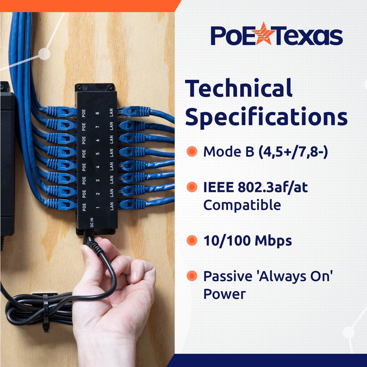 PoE Texas 8-Port Passive Midspan PoE Injector with 48V 120W Power - Network Switch Upgrade for IP Cameras, VoIP Phones, WiFi Access Points - IEEE